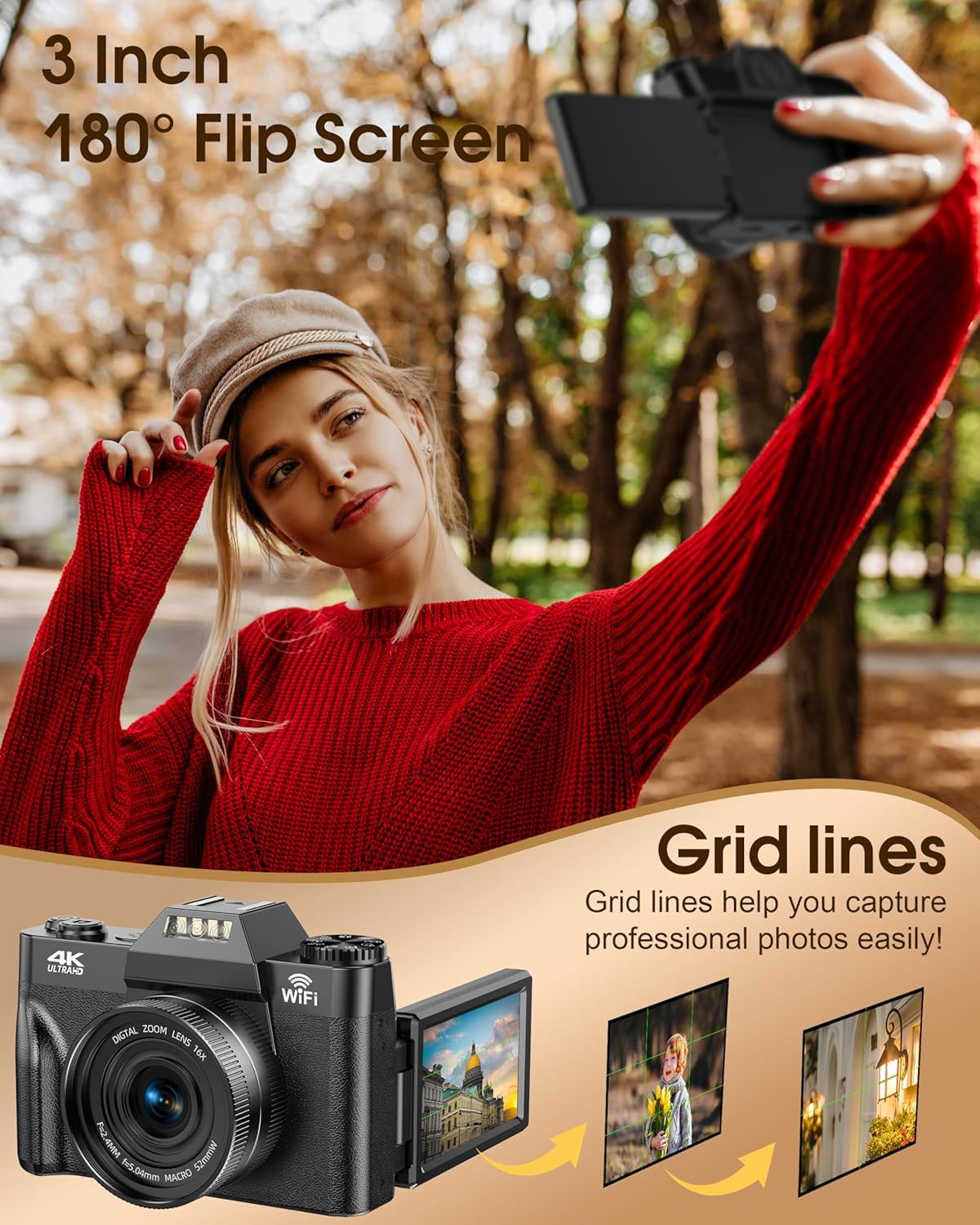Detalle de 4K 75MP Digitalkamera mit WLAN & 180° Flip Display – kompakte Vlogging-Kamera