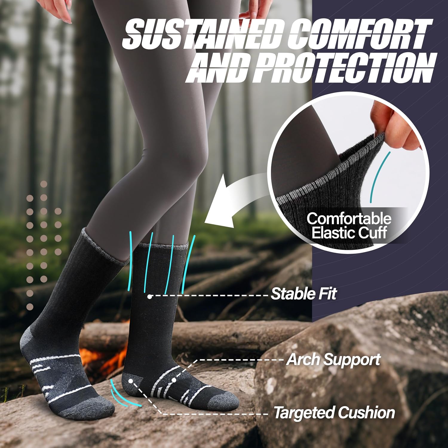 Detalle de ANTSANG Merino Wool Hiking Socks, 5-Pair Crew Boot Socks with Targeted Cushion