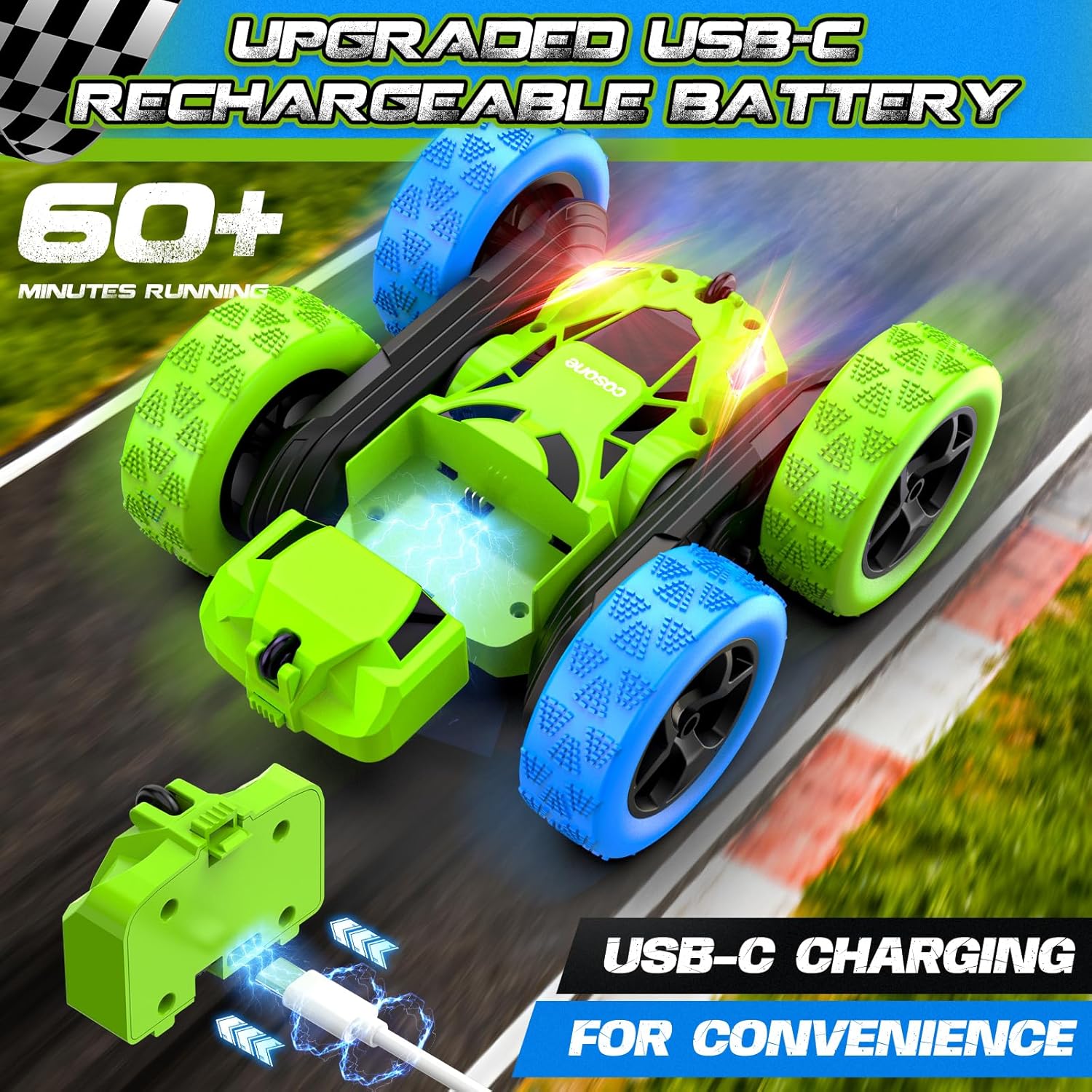 Detalle de COSONE Blue Green RC Car for Kids: 360° Stunt Fun with USB-C Rechargeable Battery