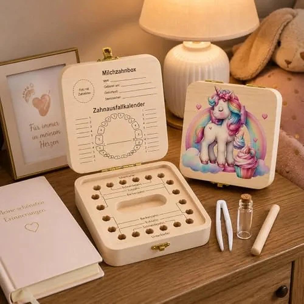 Thumbnail 4 de Zahnfee Geschenke Mädchen – Zahndose Milchzähne Box aus Holz, Einhorn Zahnschachtel, Aufbewahrungsbox