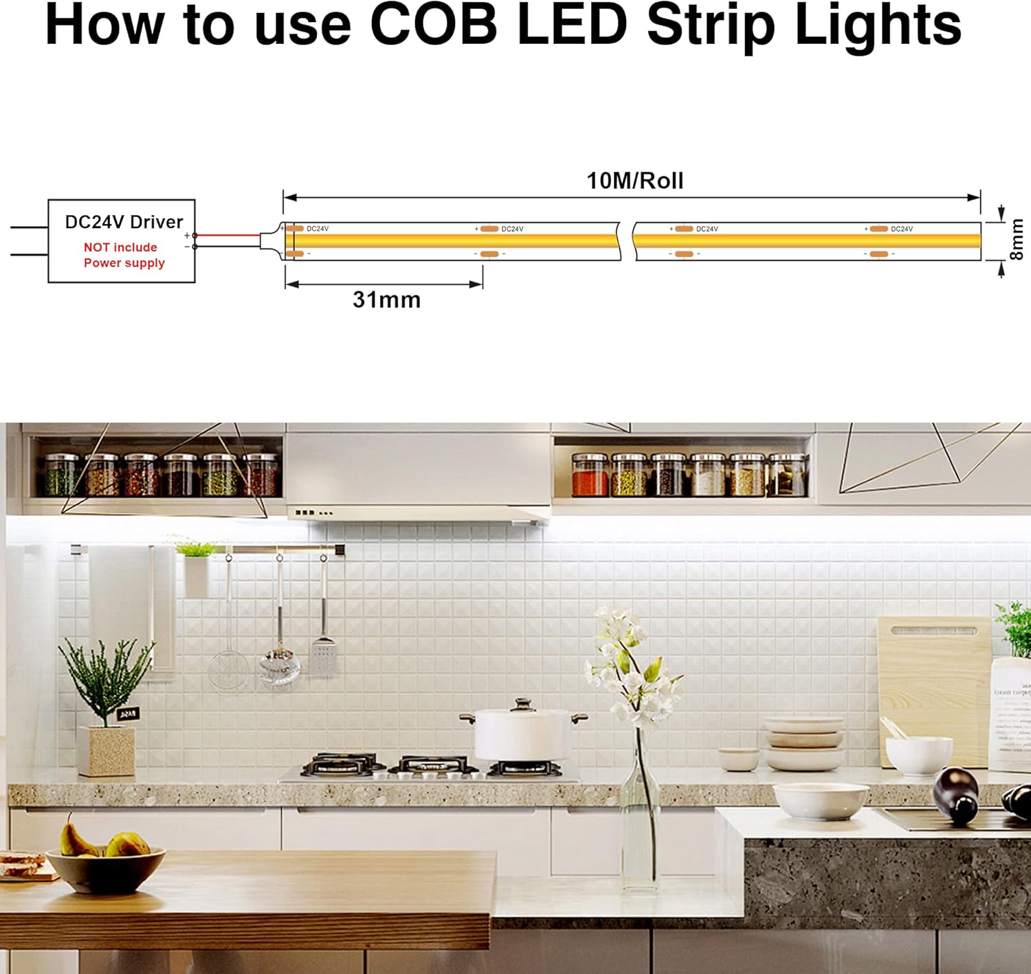 Thumbnail 5 de BERIXDEEP COB LED Streifen 10m 6000K, 384 LEDs/m, 9W/m, 24V – ideal für Küche, Möbel und TV