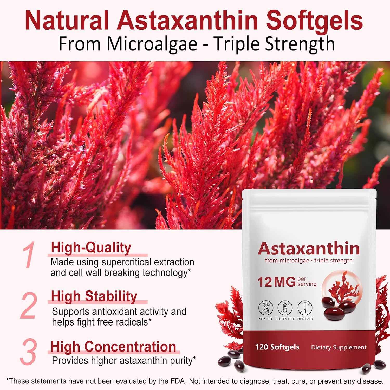 Detalle de Astaxanthin 12mg Ergänzungen – 120 Softgels aus Mikroalgen, Unterstützung für Haut, Augen, Gelenke und mehr