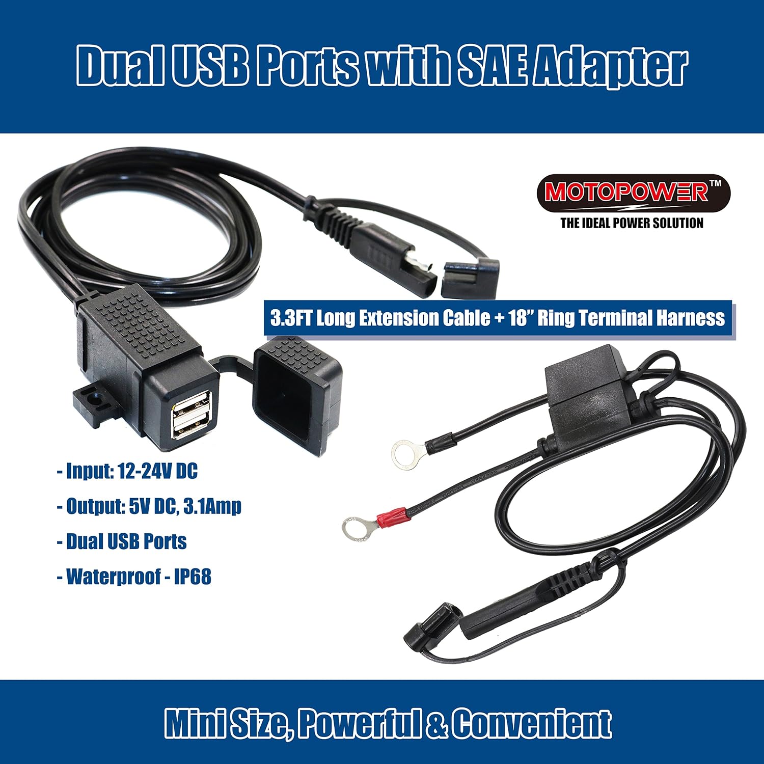 Thumbnail 1 de MOTOPOWER MP0609EA 3.1A Waterproof Motorcycle Dual USB Charger Kit