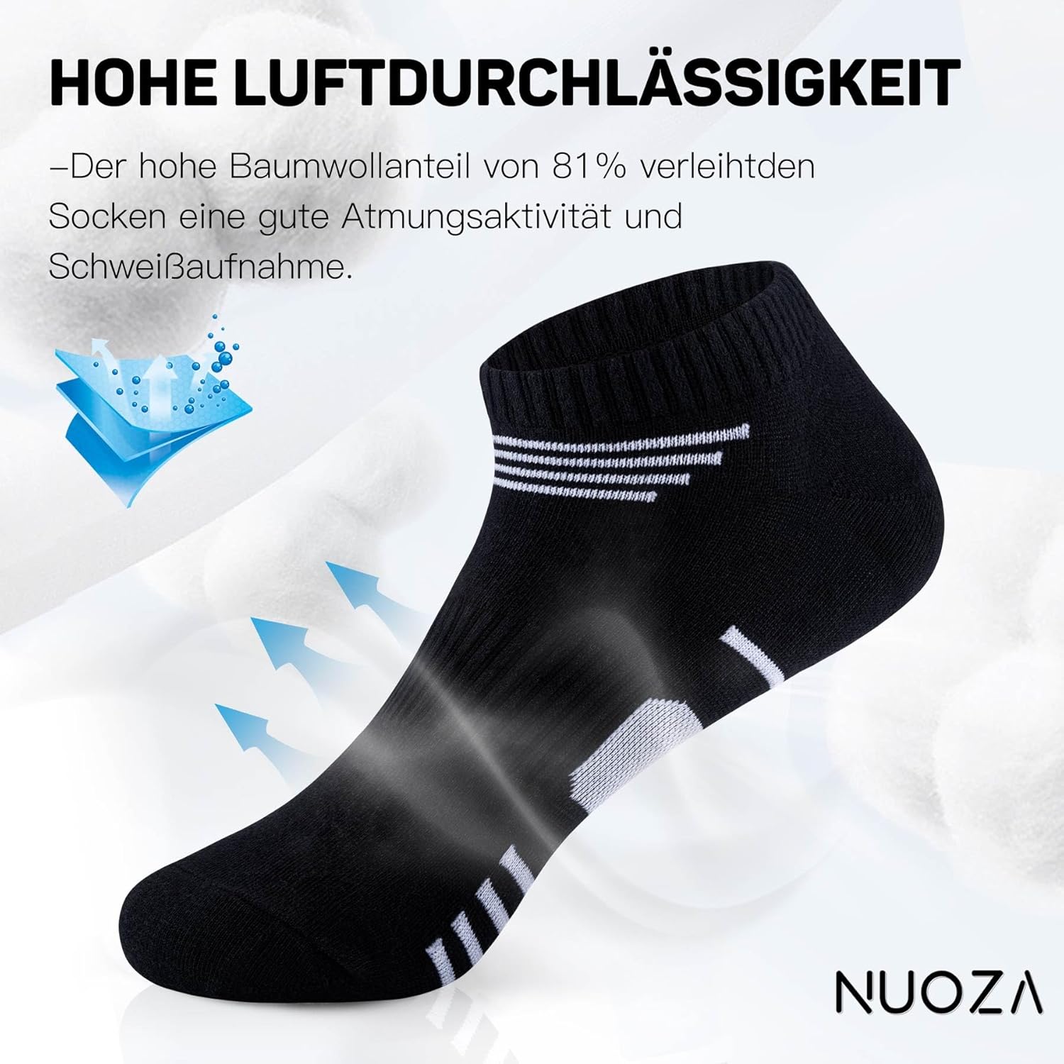 Detalle de NUOZA Sneaker Socken – 10 Paar, kurz, Baumwolle, atmungsaktiv, Größe 35–50