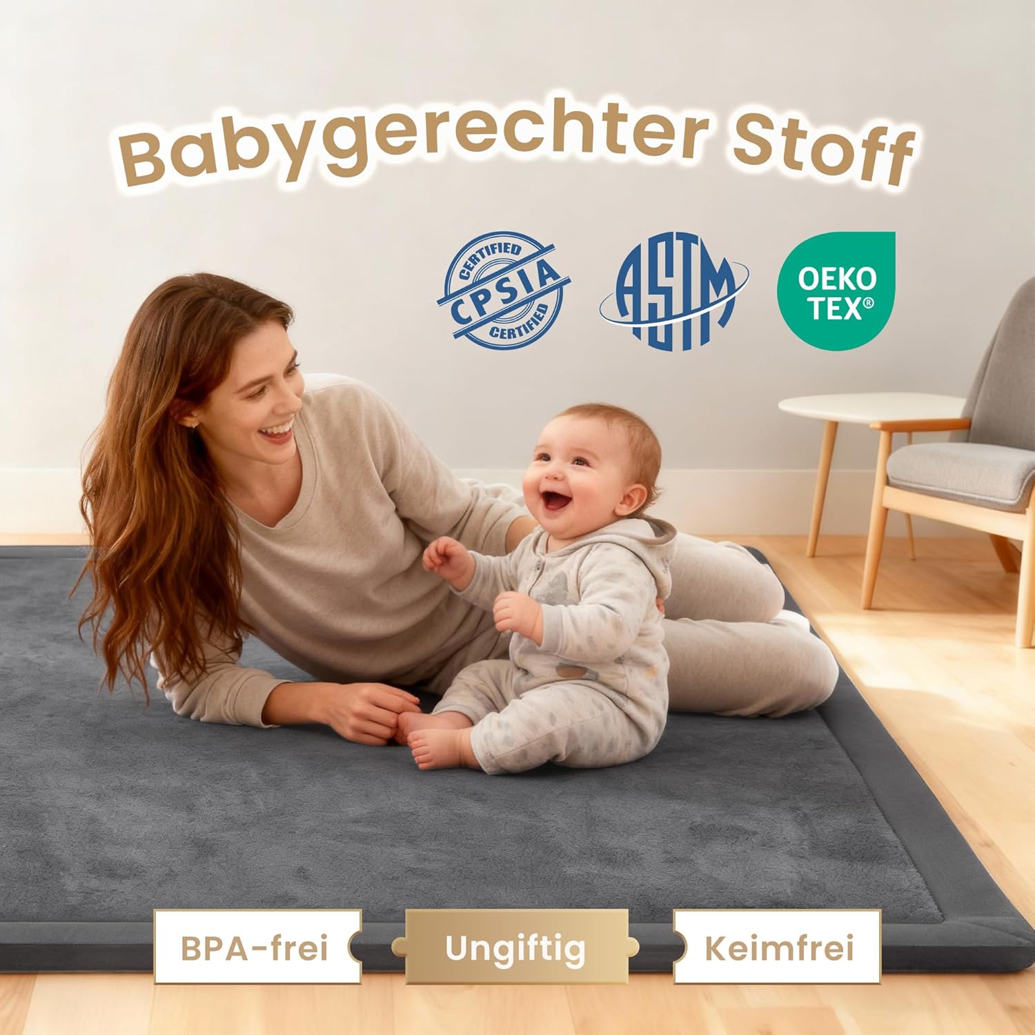 Thumbnail 1 de ACOMOPACK Baby Krabbelmatte 150x200x3,5 cm – große Spielmatte mit Schaumfüllung und rutschfester Unterseite (dunkelgrau)