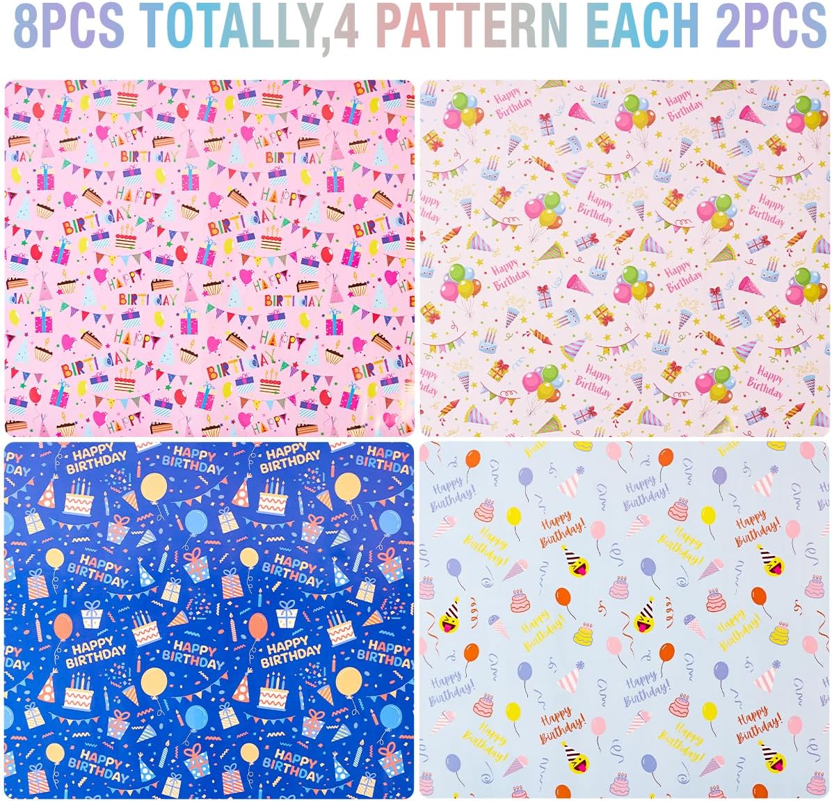 Detalle de Birthday Wrapping Paper Sheets — 8x 51 x 74 cm, 4 Colourful Designs