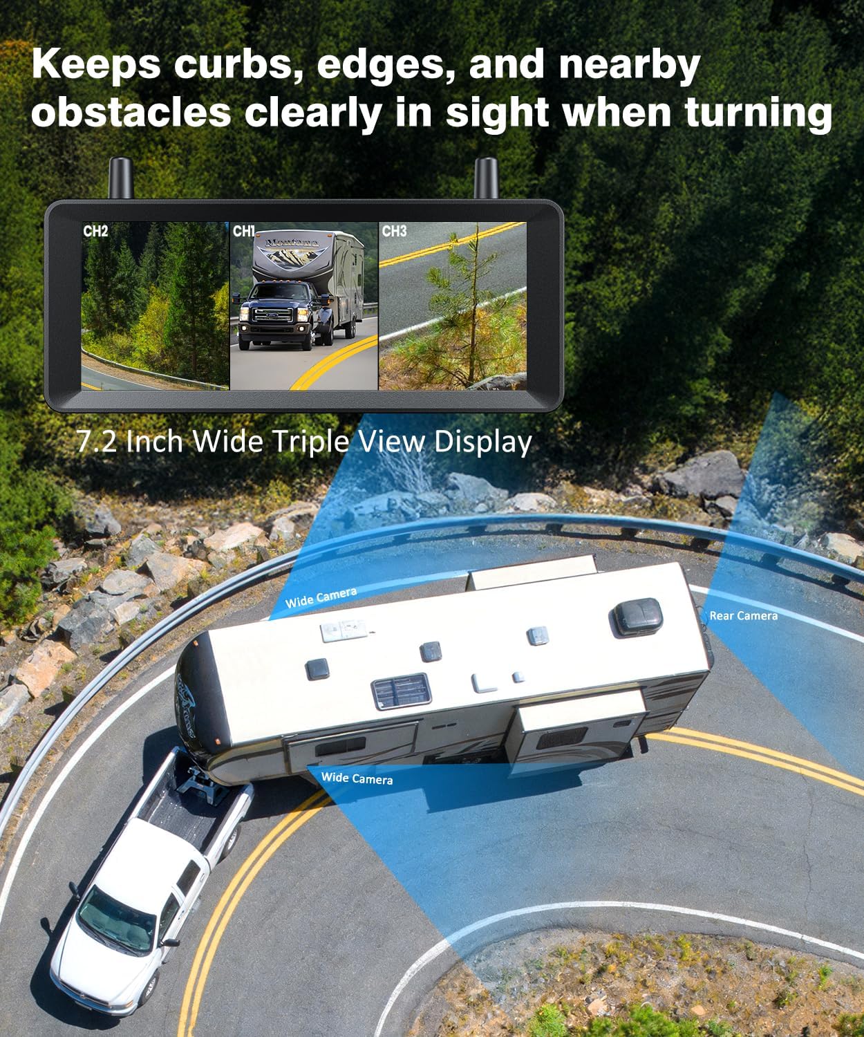 Thumbnail 2 de AUTO-VOX Wireless RV Backup Camera System with 7.2" HD Monitor, Triple Split View and DVR Recording