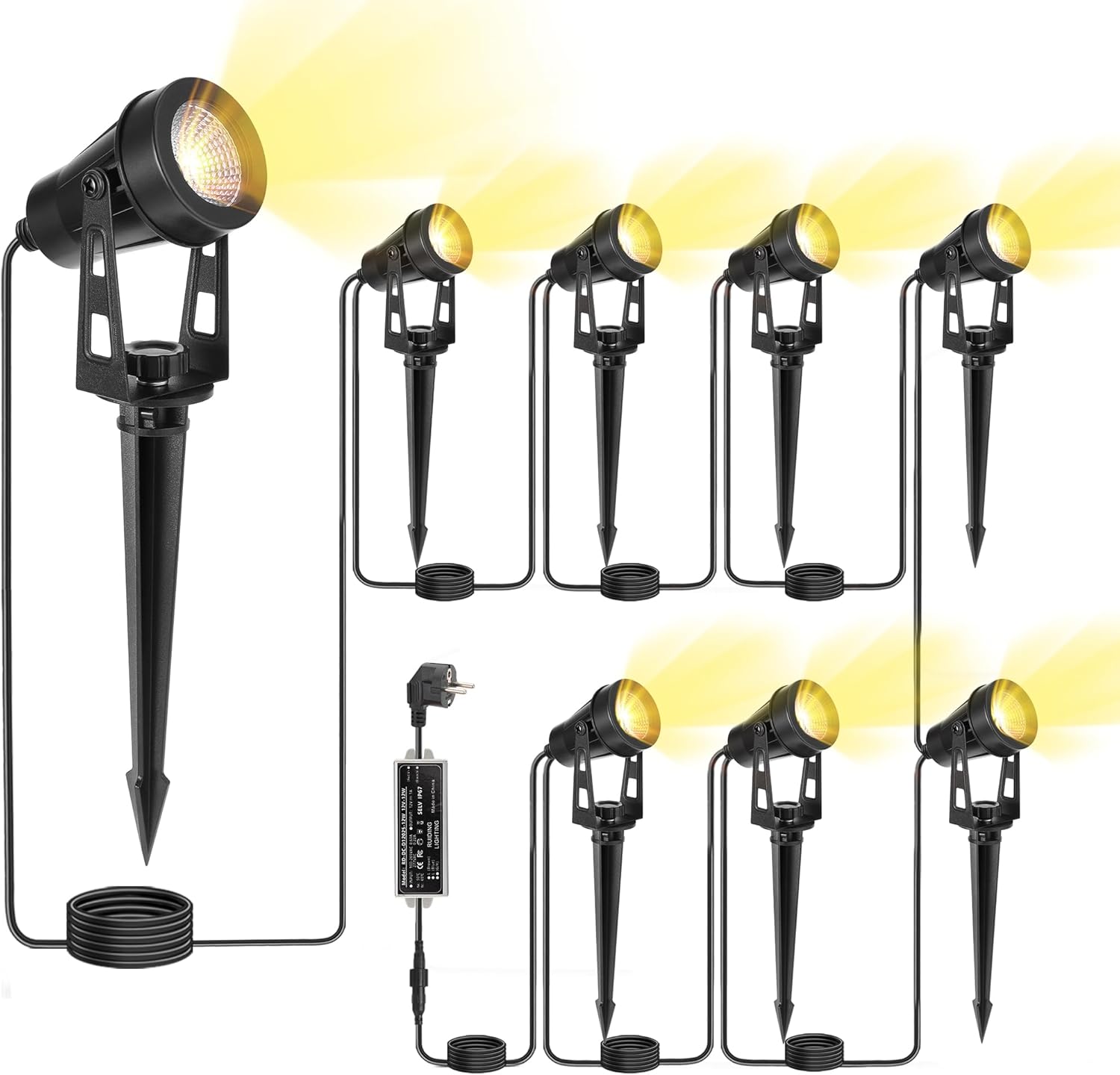HUAEU LED-Gartenbeleuchtung 26 m Bodenstrahler-Set (8-in-1), 3000K Warmweiß, 12V, IP65