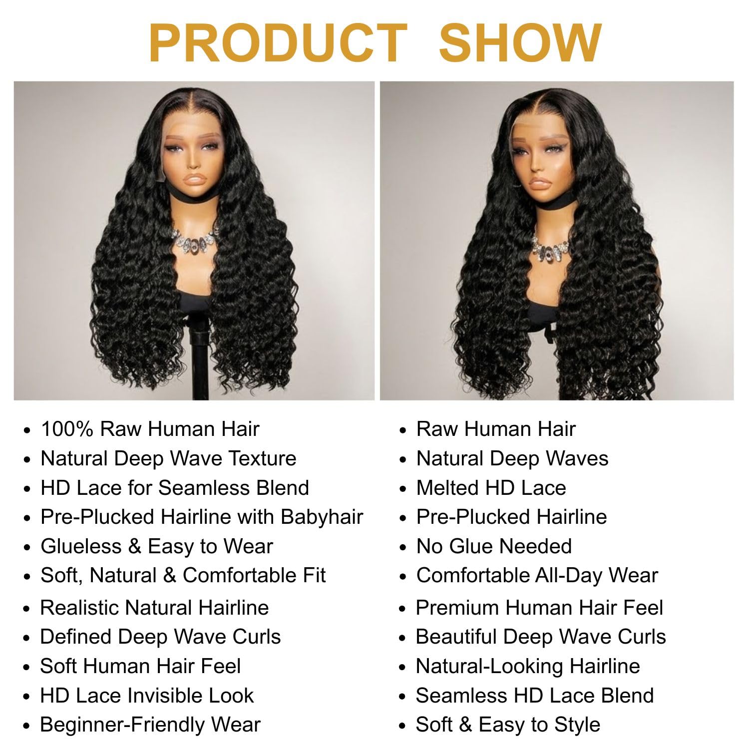 Detalle de PYY Deep Wave Lace Front Wig Human Hair 13x4 HD Lace, 18 Inch