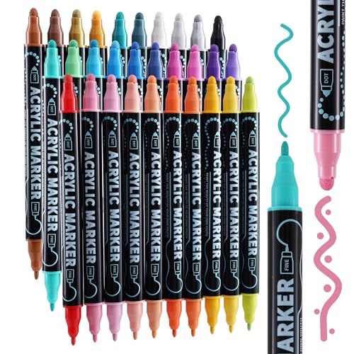 Nauets 30 Colors Precision Dual Tip Acrylic Paint Markers Pens – Dot & Fine