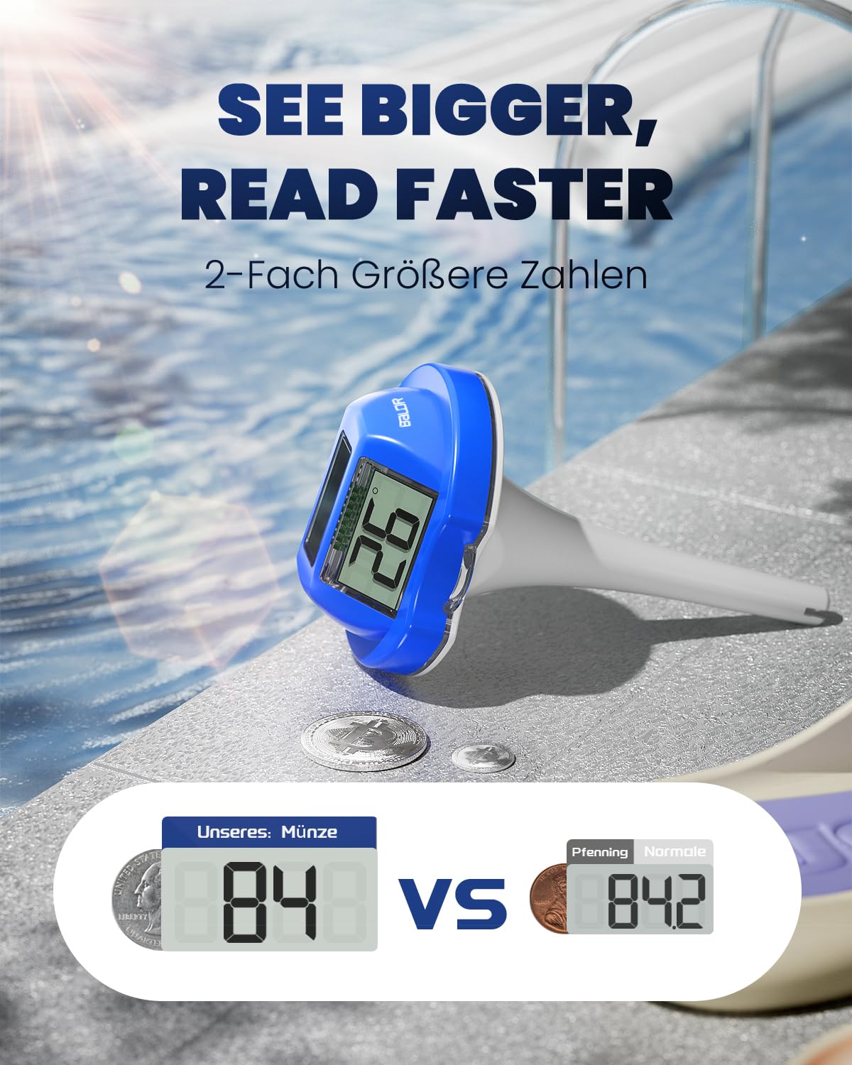 Detalle de BALDR Solar: Schwimmendes Temperaturmessgerät mit zwei großen Displays – IPX7, solarbetrieben für Pool, Spa und Gartenteiche (Dunkelblau)
