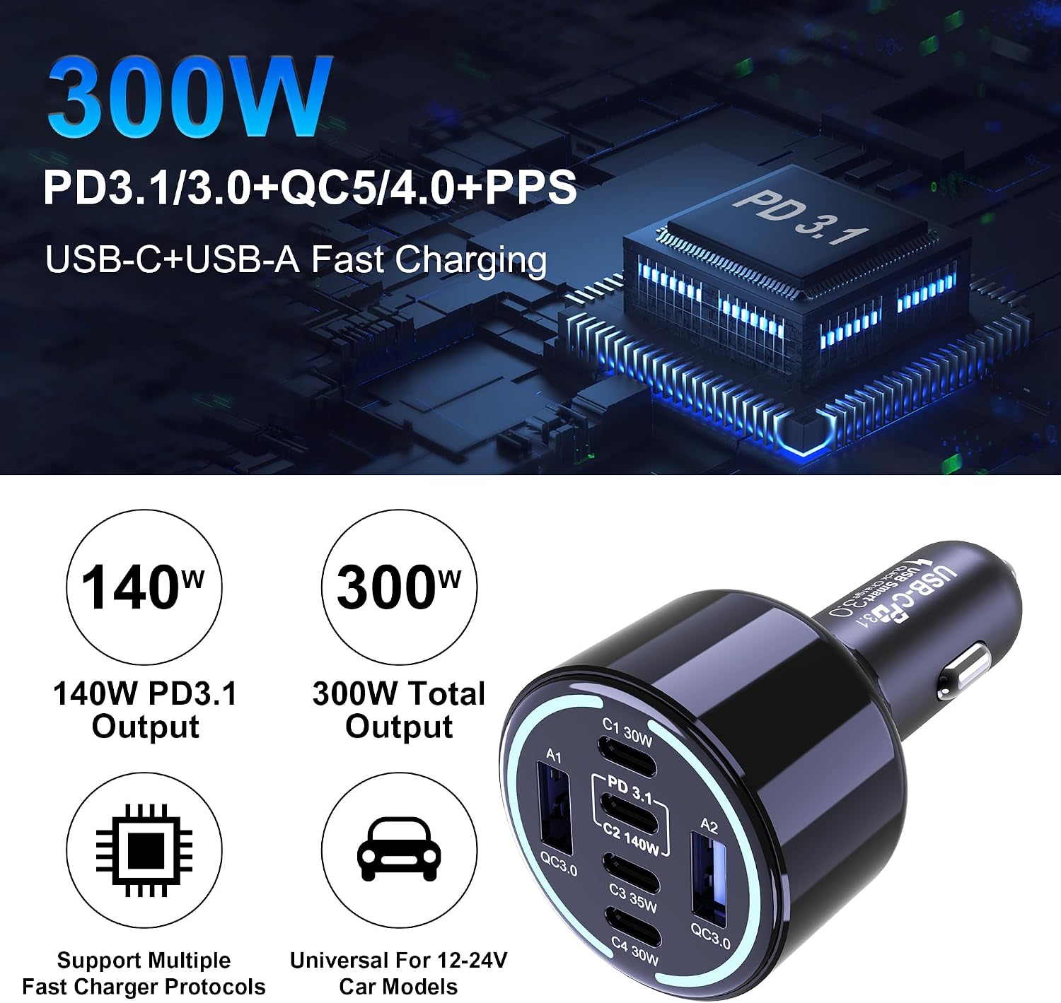 Detalle 2 de chipofy CHIPOFY 300W USB-C car charger 6 ports