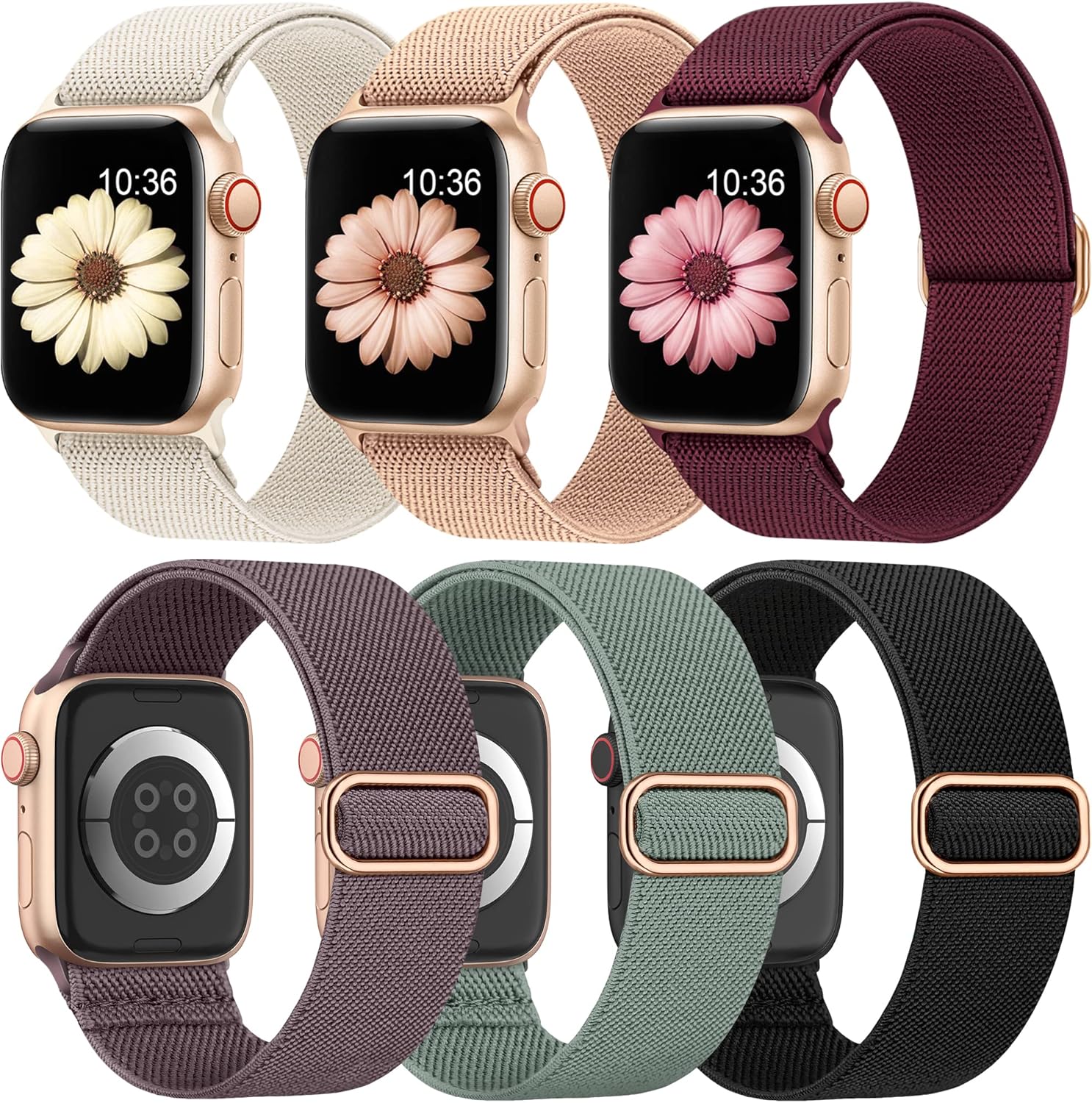 Detalle de Higgs 6 Pack Stretchy Nylon Apple Watch Straps — 38–49mm, Adjustable Sport Bands