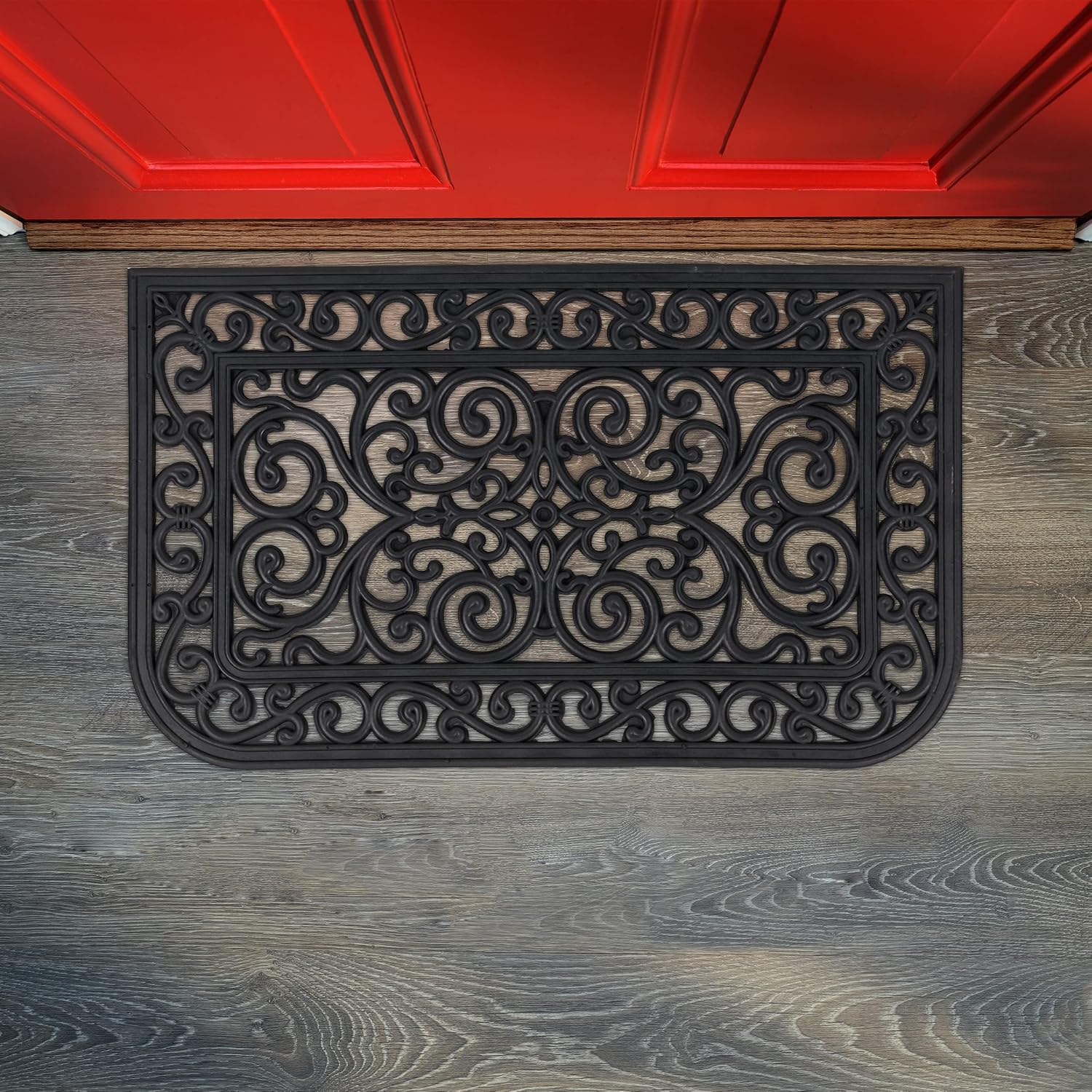 Detalle 2 de Relaxdays Half-Rounded Rubber Doormat, 45 x 75 cm, Black Ornamental Design
