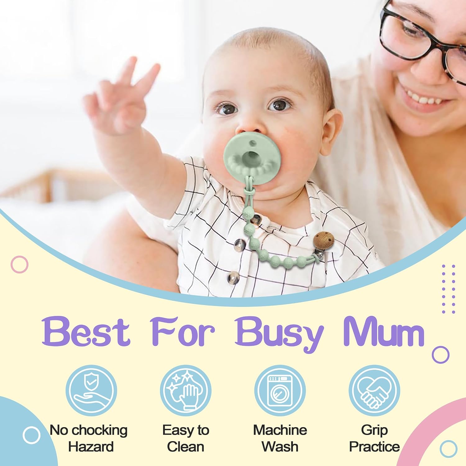 Thumbnail 3 de MumEZ Dummy Clip – 2 Pcs Premium Silicone Dummy Clip (Cream White + Purple) for Babies
