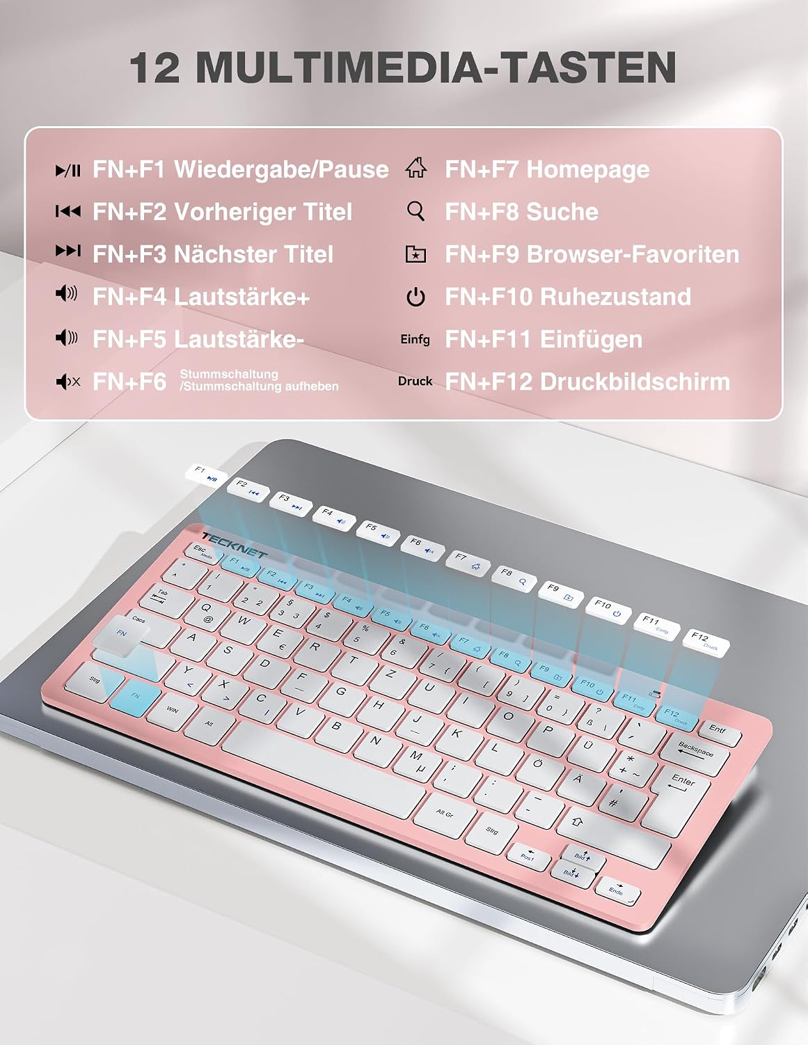 Detalle de TECKNET Kabelloses Tastatur- und Maus-Set Rosa – Deutsch QWERTZ, 2,4 GHz, 15 m Reichweite