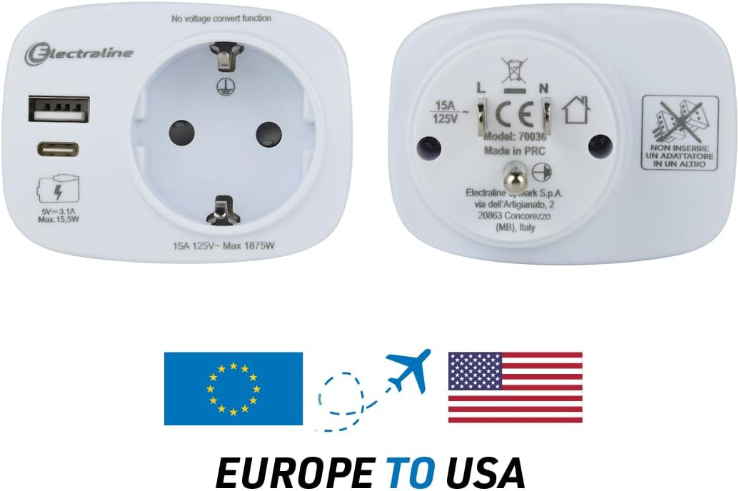 Detalle 2 de Electraline 70036 Adattatore da viaggio USA: spina tedesca con 2 USB