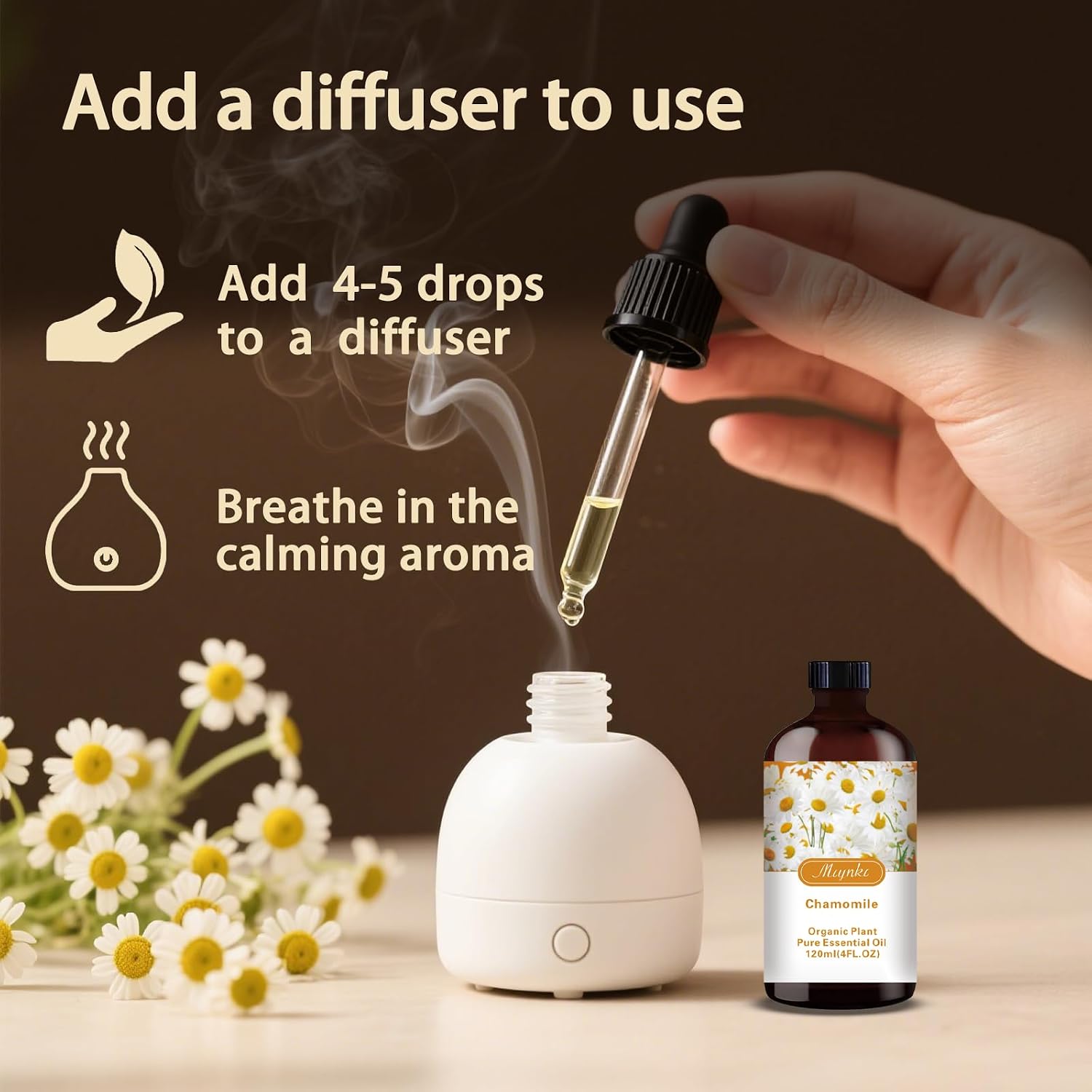 Detalle de Chamomile Essential Oil 4oz (+ Roll-On) for Diffusers — Subtle, Soothing Scent for Home and Office