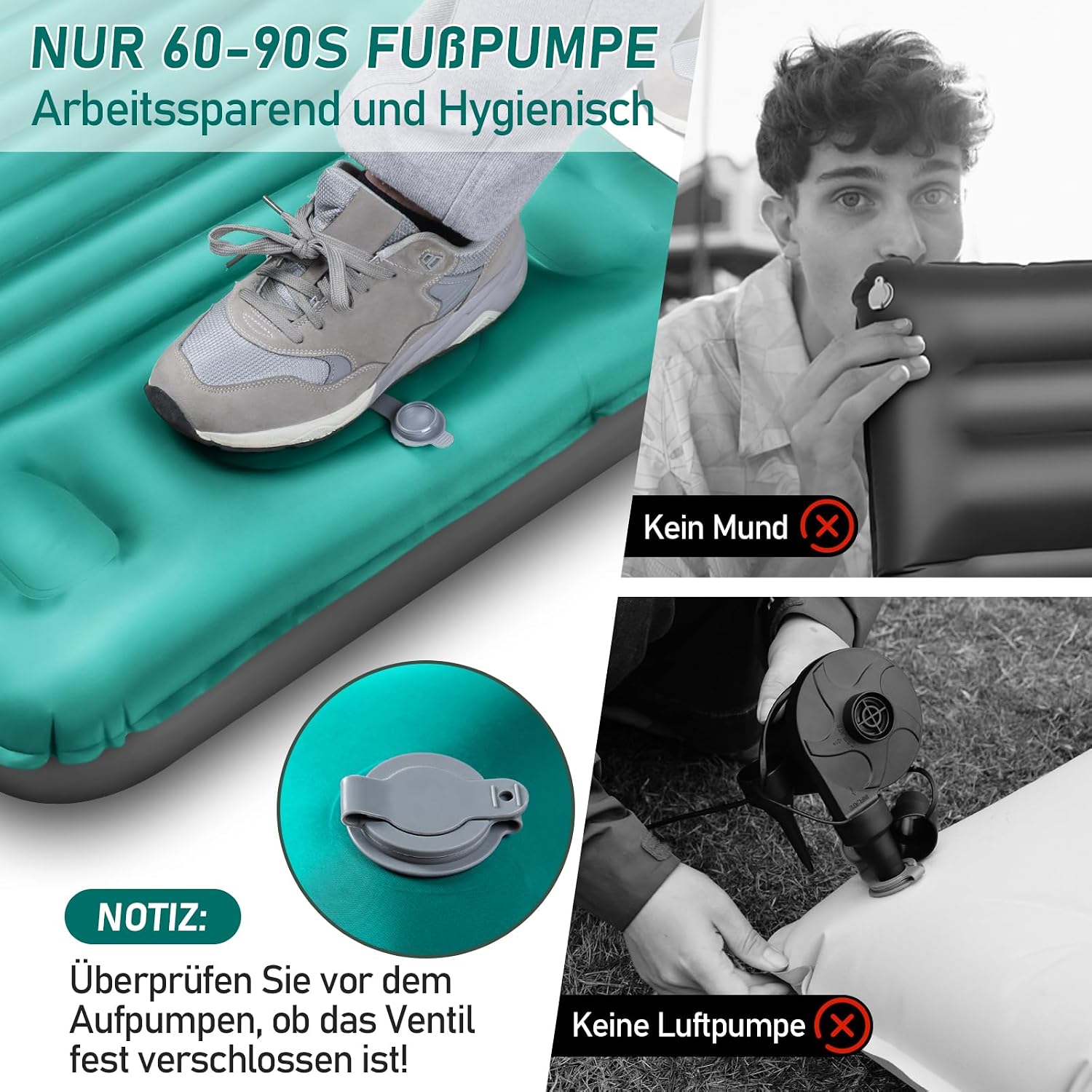 Detalle 2 de JEMULICE Isomatte Camping 12 cm ultradick mit Fußpumpe – ultraleicht & kleines Packmaß für Zelt und Wandern