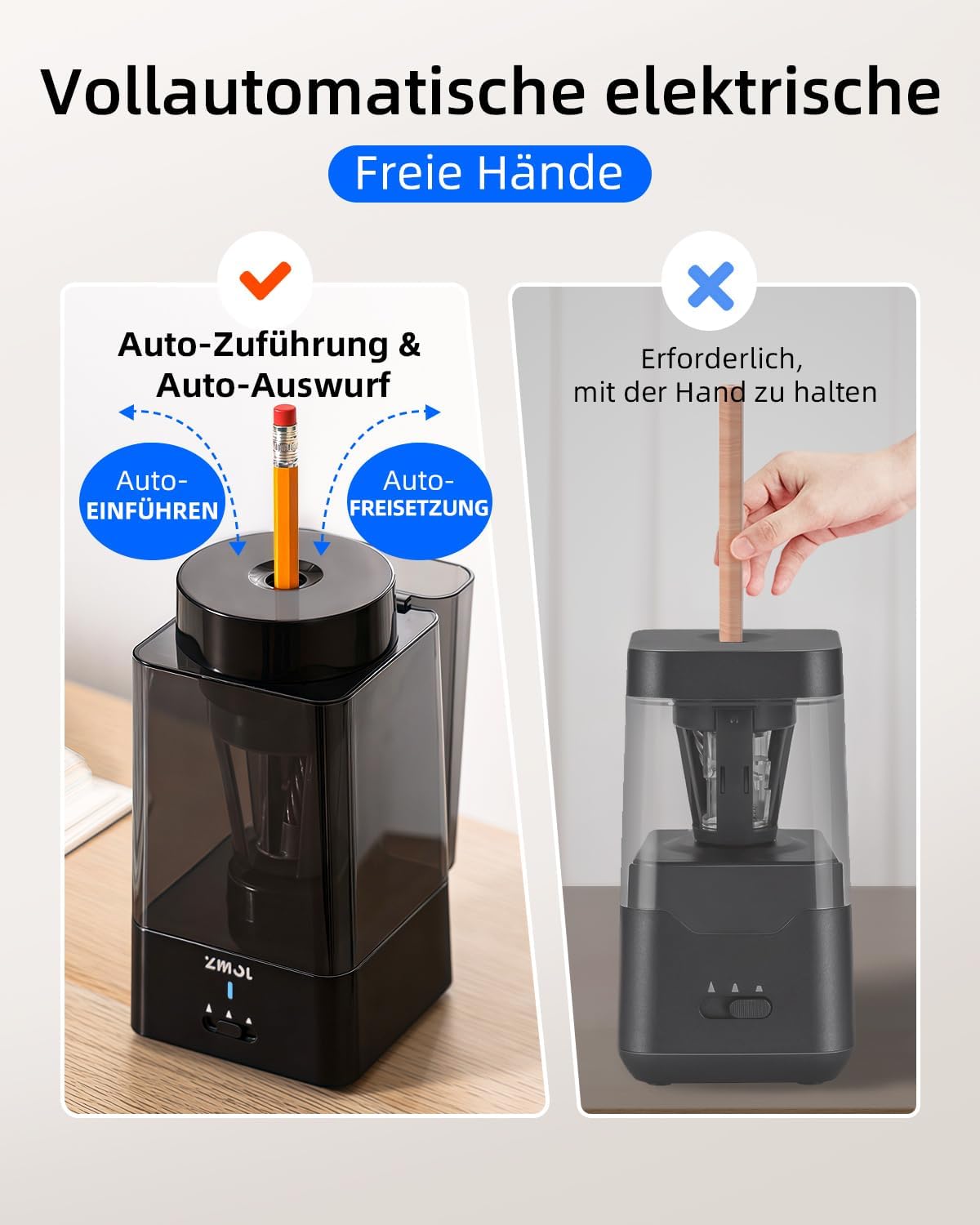 Detalle 2 de Zmol vollautomatischer elektrischer Anspitzer für dicke & dünne Stifte (USB-C, wiederaufladbar)