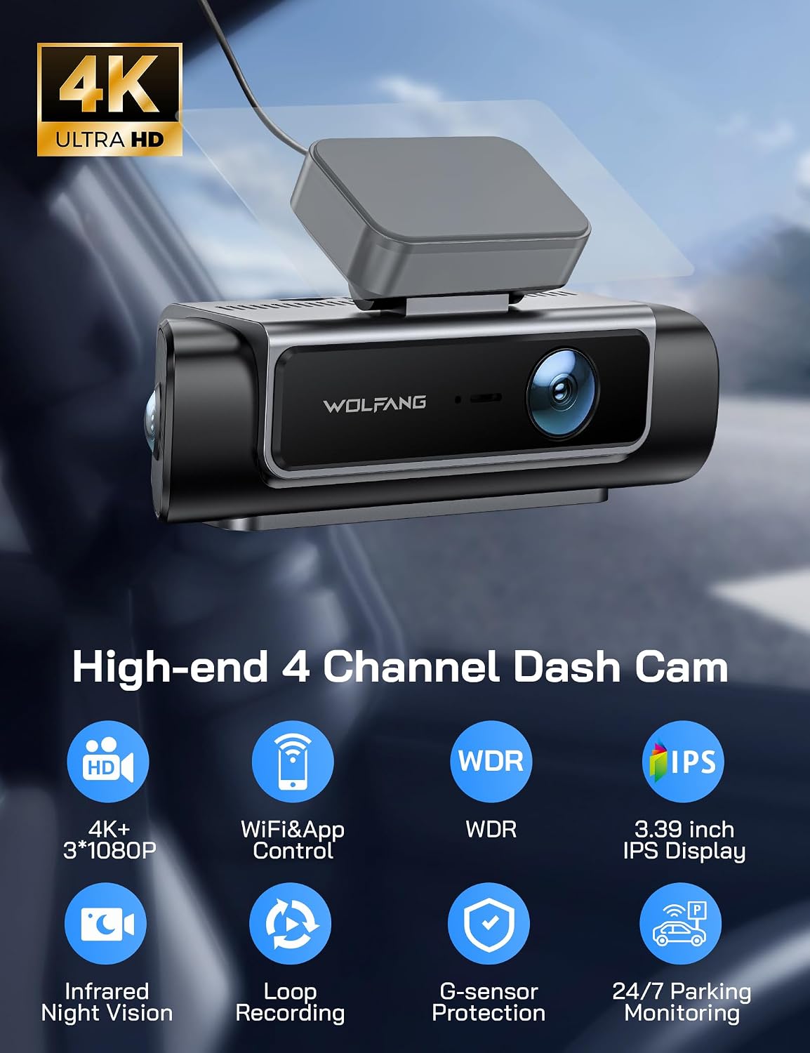Thumbnail 1 de WOLFANG WD07 4-channel dash cam, 4K front, three 1080p views and Wi-Fi