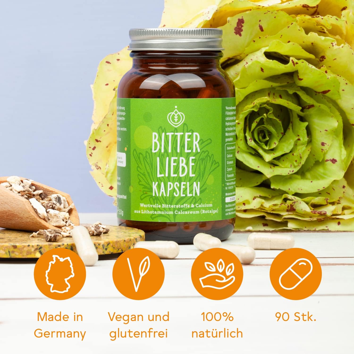 Detalle de BitterLiebe Bitterstoffe Kapseln – Hochdosierte Bitterstoffe mit Mariendistel, Löwenzahn und Artischocke (vegan, Hildegard von Bingen) – 90 Kapseln