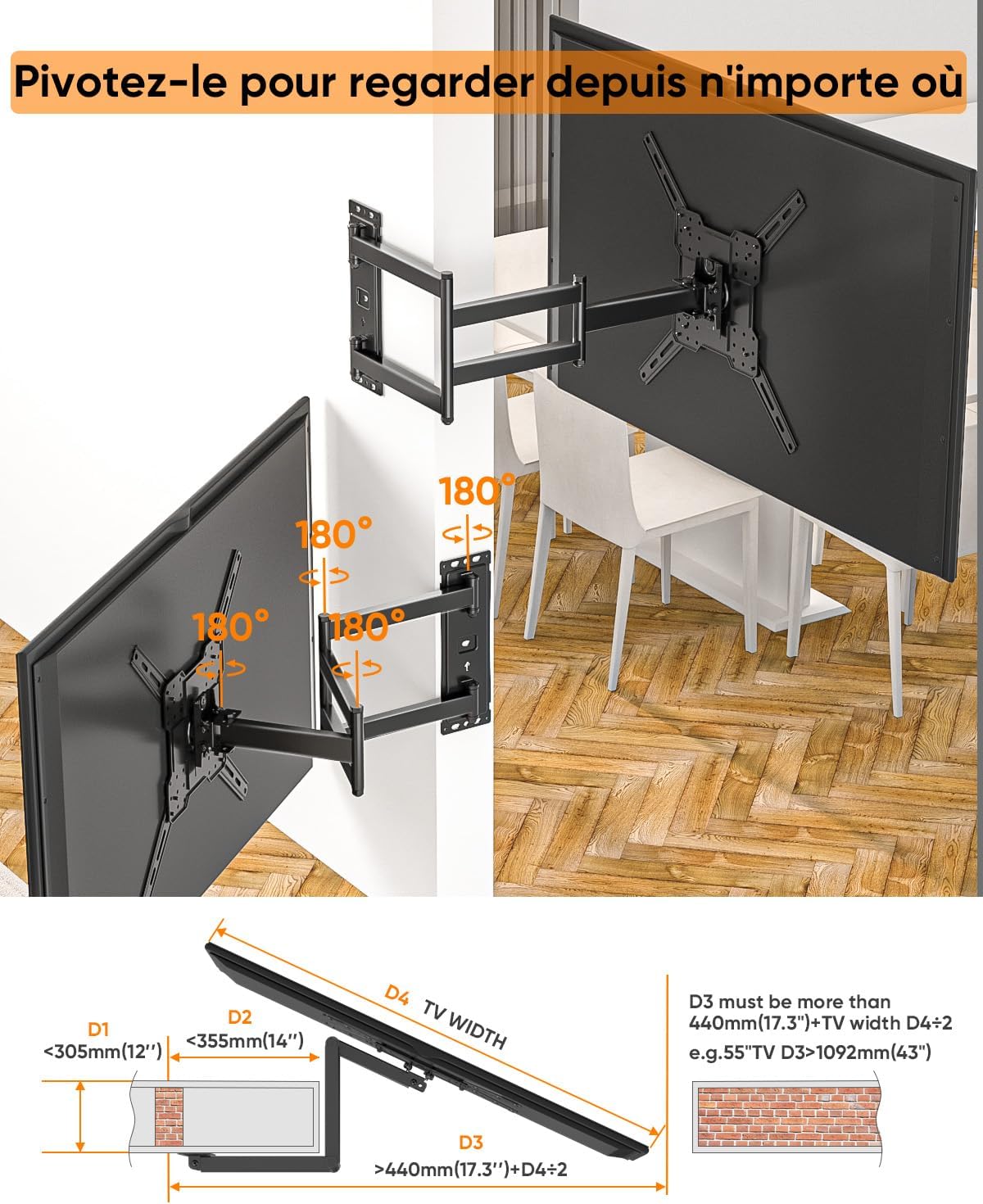 Detalle 2 de FORGING MOUNT Support mural TV longue portée pour angles (26 à 65 pouces) – Rotation portrait/paysage, VESA jusqu’à 400x400 et jusqu’à 35 kg