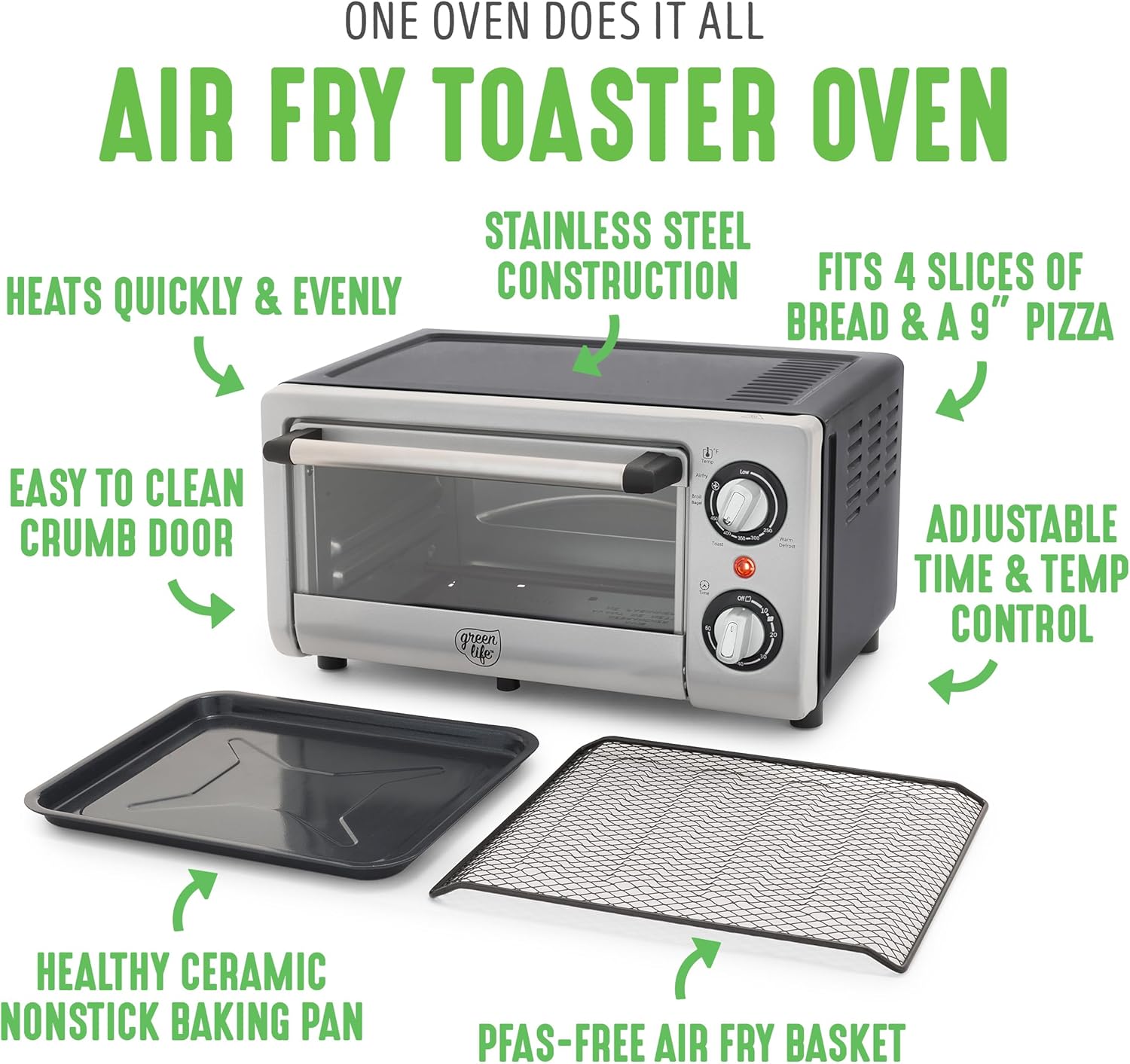 Thumbnail 2 de GreenLife Countertop Toaster Oven Air Fryer Stainless Steel with PFAS-Free Ceramic Nonstick Pan & Basket