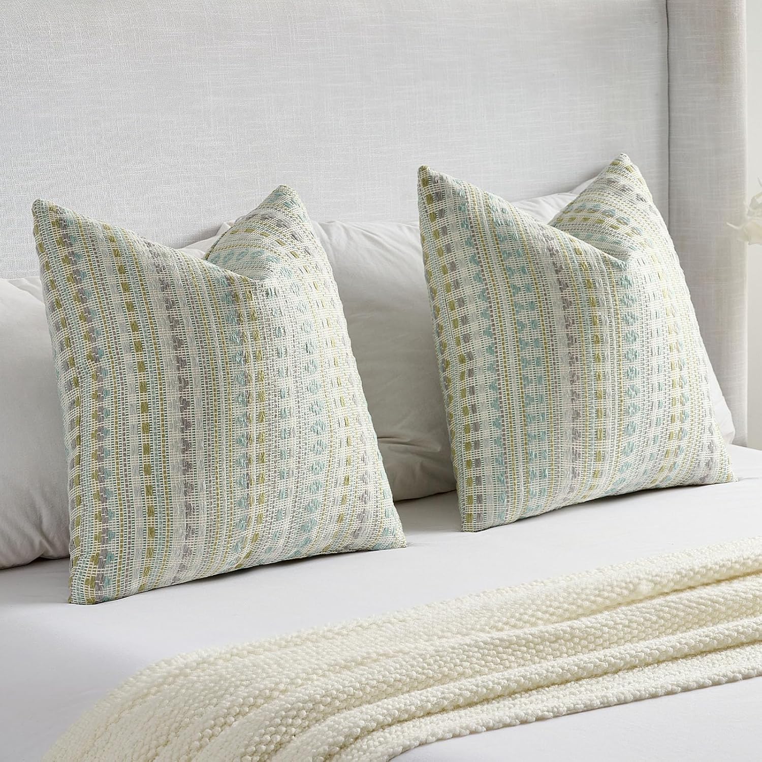 Thumbnail 5 de Ystyle Housse de coussin 45x45 (lot de 2) en chenille à rayures champêtre, bleu-vert