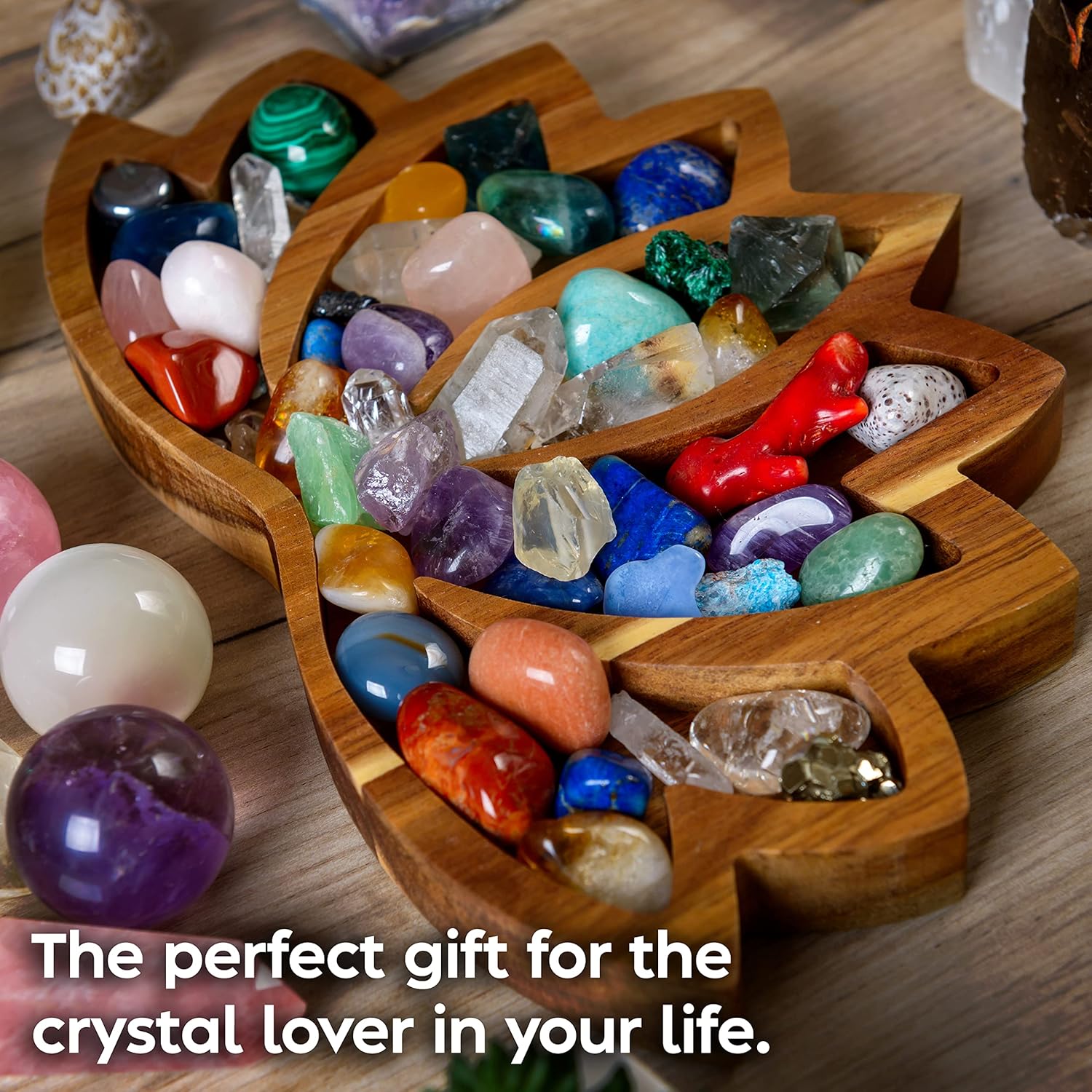 Detalle de Curawood Lotus Crystal Display Tray (28x18cm) – Acacia wood lotus-style crystal and gemstone holder