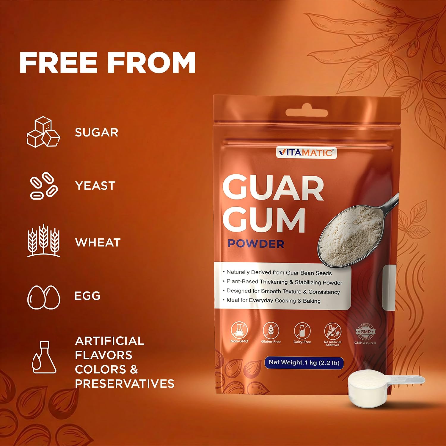Detalle de Vitamatic Guar Gum Powder 1 kg (2.2 lb), Plant-Based Thickener & Stabilizer