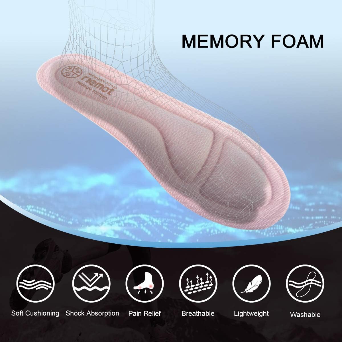 Detalle de riemot Memory Foam Einlegesohlen mit Canvas-Top – für Damen & Herren, für Sneaker, Stiefel und Sport