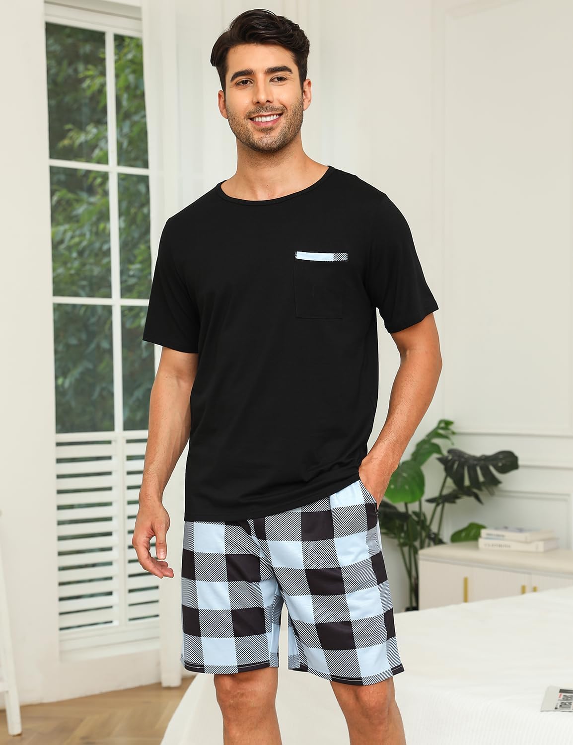 Detalle de SPKPKEY 2026 Neuer Paar-Pyjamas Baumwoll-Loungewear-Set Kurzarm-Oberteil & Shorts – Weiche Schlafmode