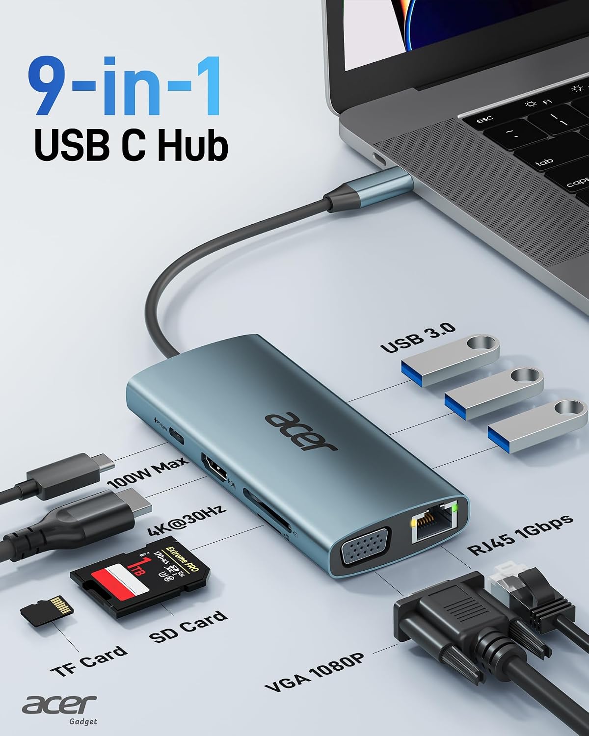 Detalle 2 de Acer USB‑C 9‑in‑1 Hub with 100W PD ⚡🖥