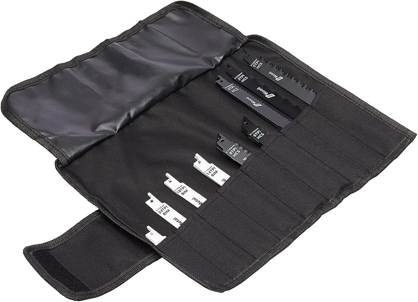 Detalle 2 de Amazon Basics Reciprocating 32 Piece Saw Blade Set With Organiser Pouch, Black & White