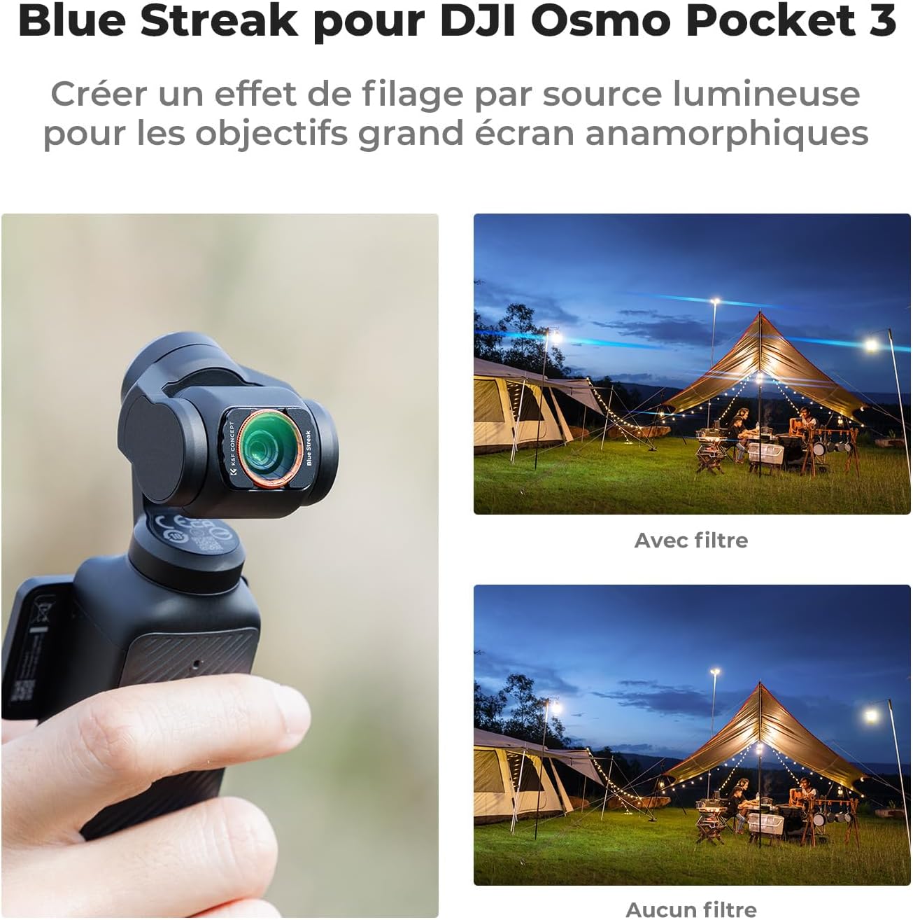 Detalle de K&F CONCEPT Filtre Blue Streak Magnétique pour DJI Osmo Pocket 3 – Nano-revêtement, Protection et Effet Artistique