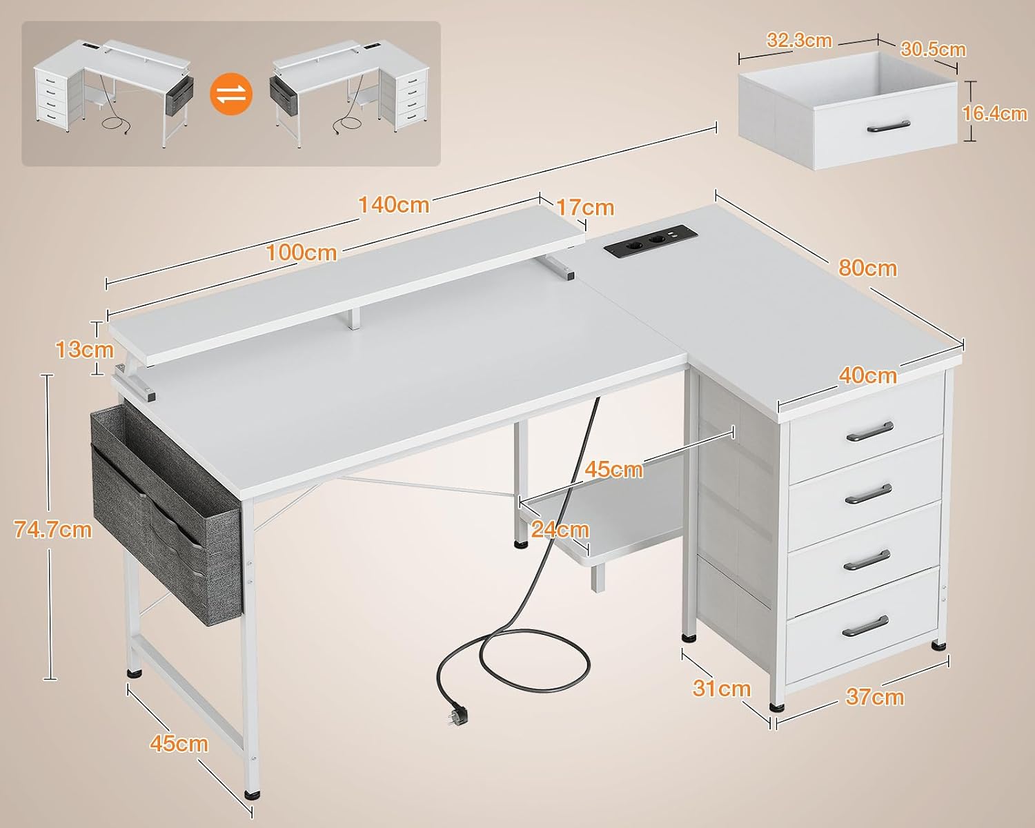 Detalle de ODK Scrivania Angolare 140x80cm con 4 Cassetti