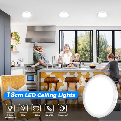 Detalle de Peasur Plafón LED Techo Baño 15W, regulable 3000–6500K, IP54, 18×1.6 cm