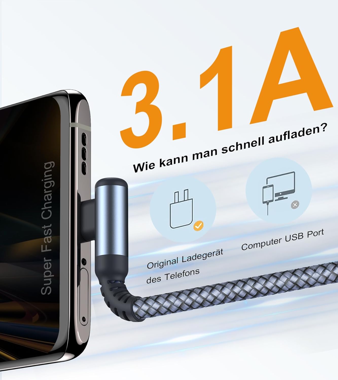 Detalle de Sweguard USB-C Kabel 3.1A Schnellladung – 2er Set, 1 m, Winkel-Design, Nylon-Verkabelung