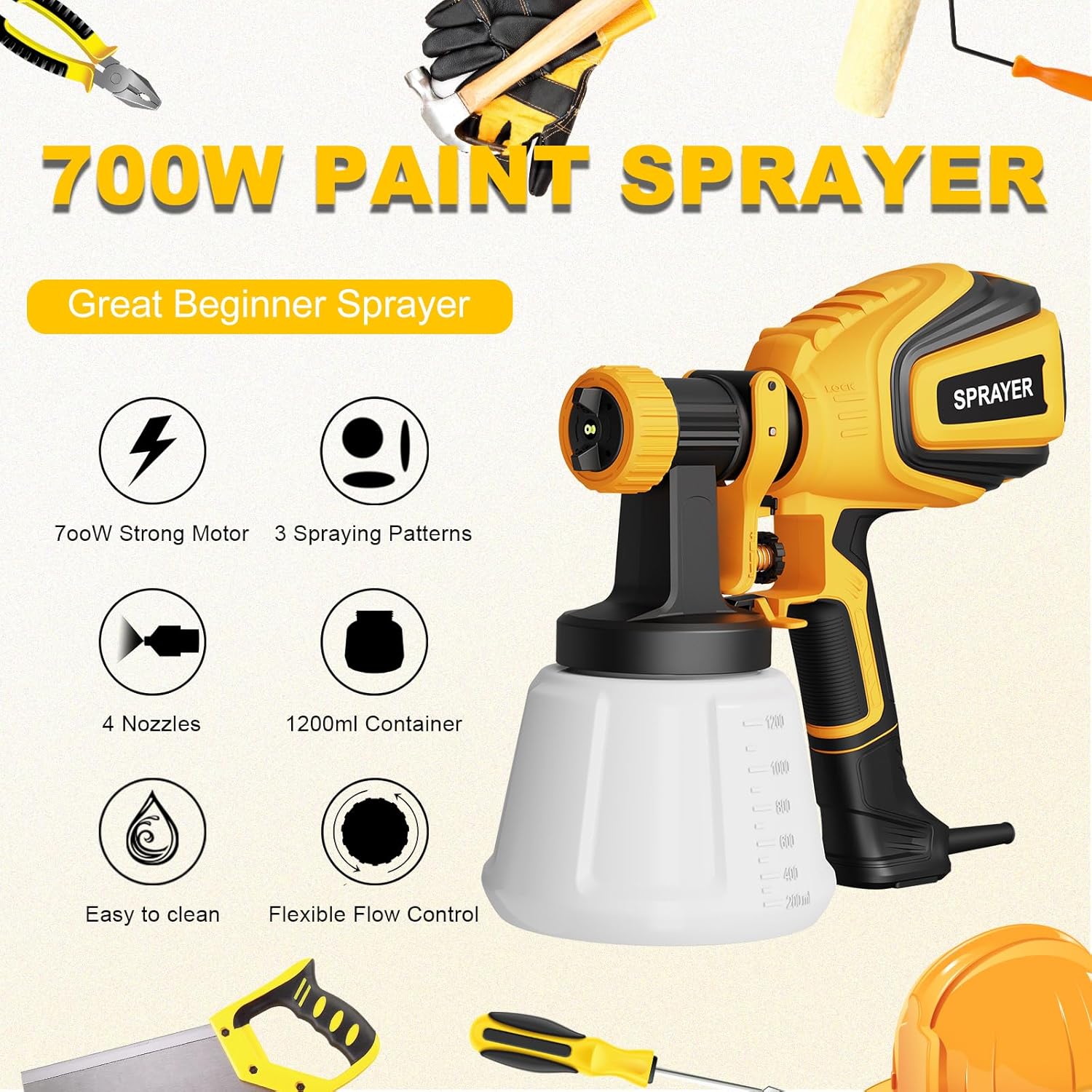 Thumbnail 1 de VONFORN Paint Sprayer VF803: 700W HVLP, 4 Nozzles, 3 Patterns, Easy Cleaning