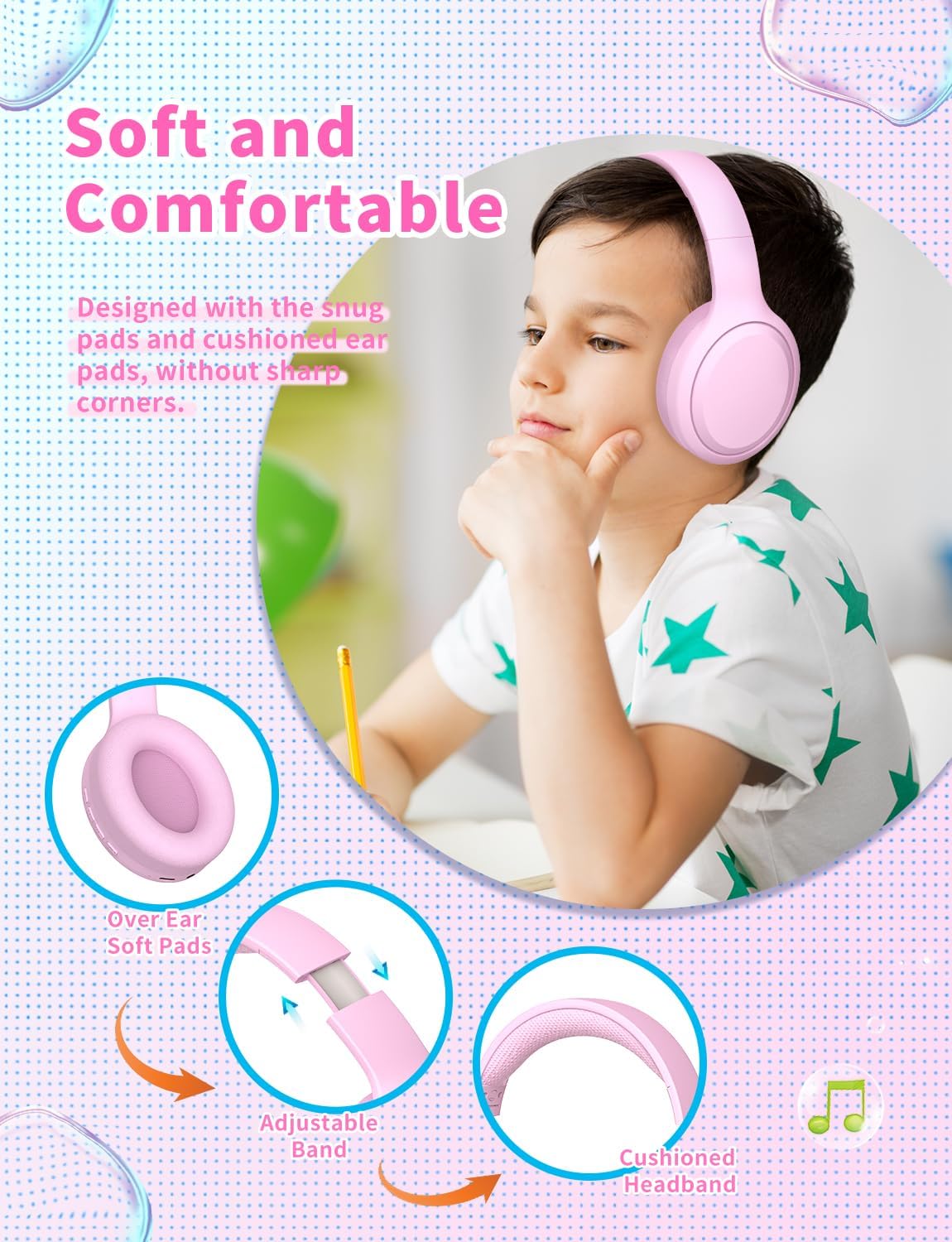 Thumbnail 2 de Xunpuls Kinder-Bluetooth-Kopfhörer (faltbar, kabellos) mit Mikrofon – Rosa