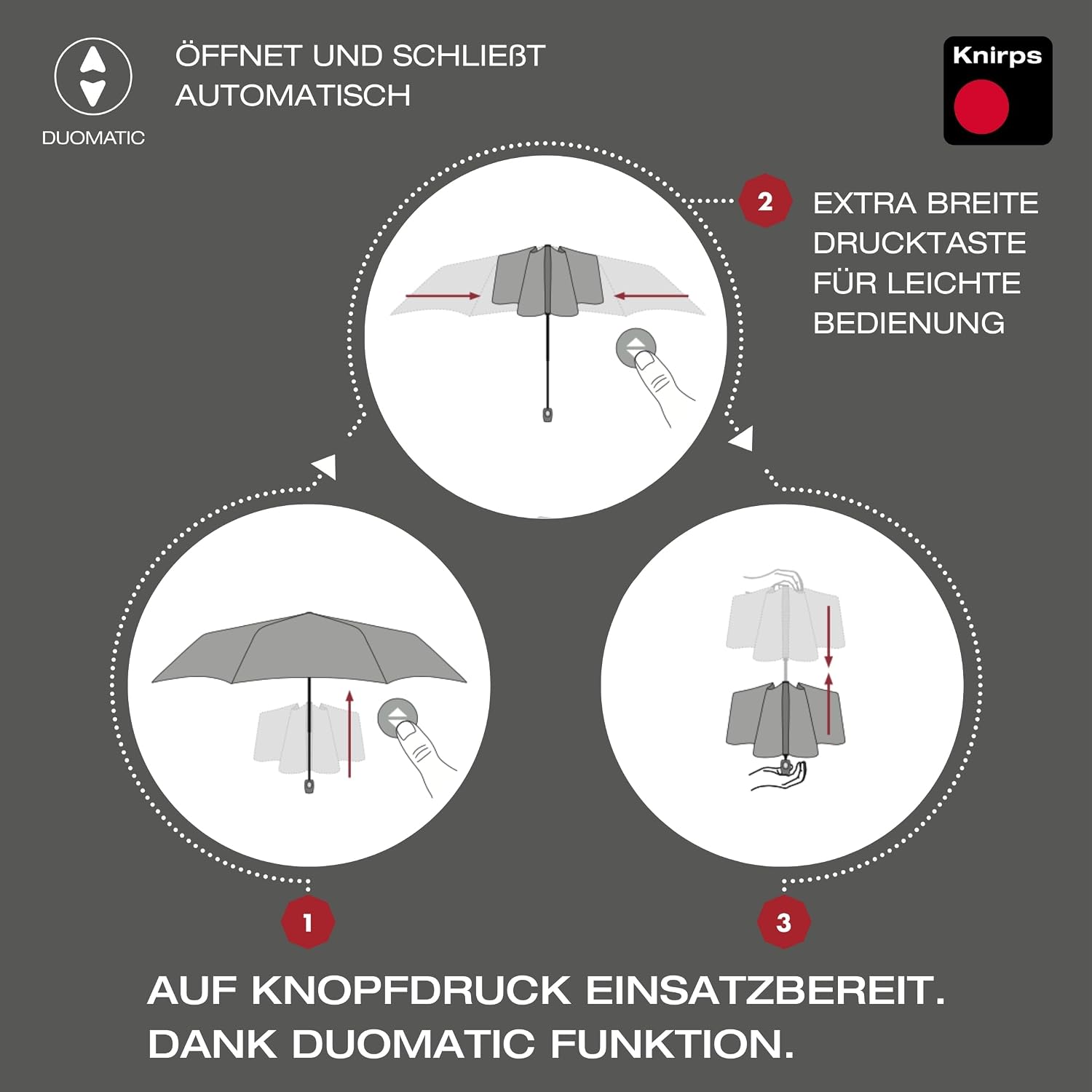Detalle de Knirps Regenschirm I.200 Medium Duomatic – kompakter Taschenschirm mit automatischem Öffnen/Schließen