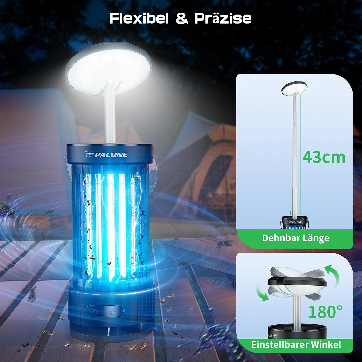Thumbnail 2 de PALONE Elektrischer Insektenvernichter mit ausziehbarer Stange, 4000 mAh, 4500 V, USB-C, UV-Licht und LED-Beleuchtung