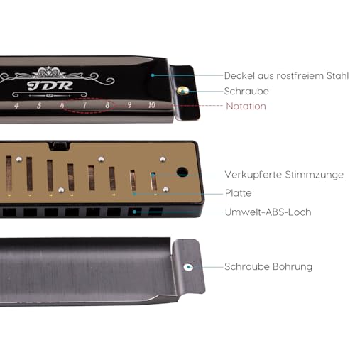 Thumbnail 2 de JDR Mundharmonika C, 10-Loch Blues-Mundharmonika – für Erwachsene, Chrom-Edelstahl, Kupferblatt, ABS-Korpus