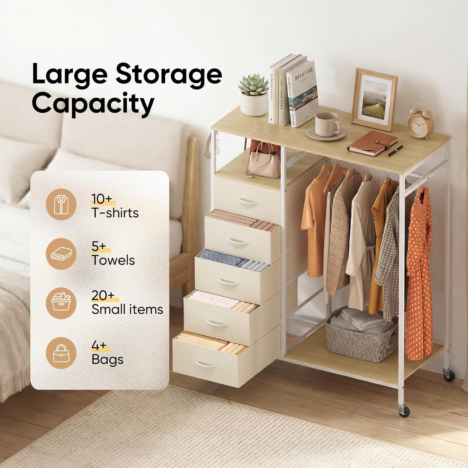 Detalle de HOKEEPER All-in-One Rolling Coat Rack with 5 Drawers (Beige) – Mobile closet organiser on wheels