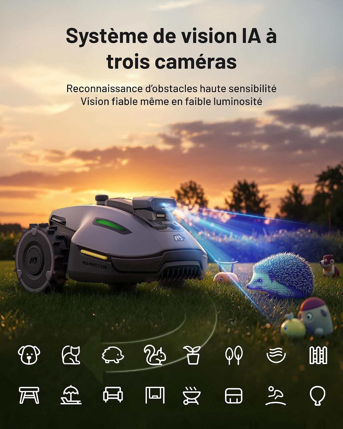 Detalle 2 de Mammotion YUKA Mini Vision : robot tondeuse sans RTK ni câbles, navigation Vision et triple caméra