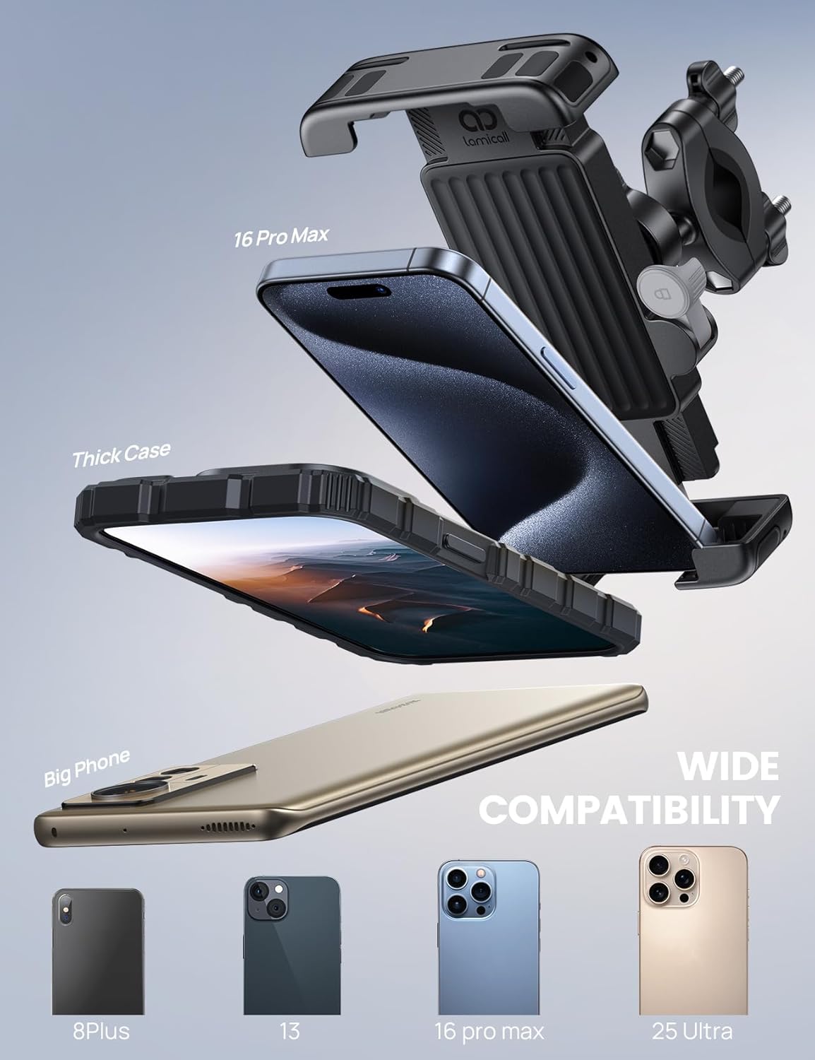 Detalle de Lamicall Bike Phone Holder Bicycle with Foldable Clamp – Universal motorcycle/handlebar mount for iPhone & Samsung (Gray)