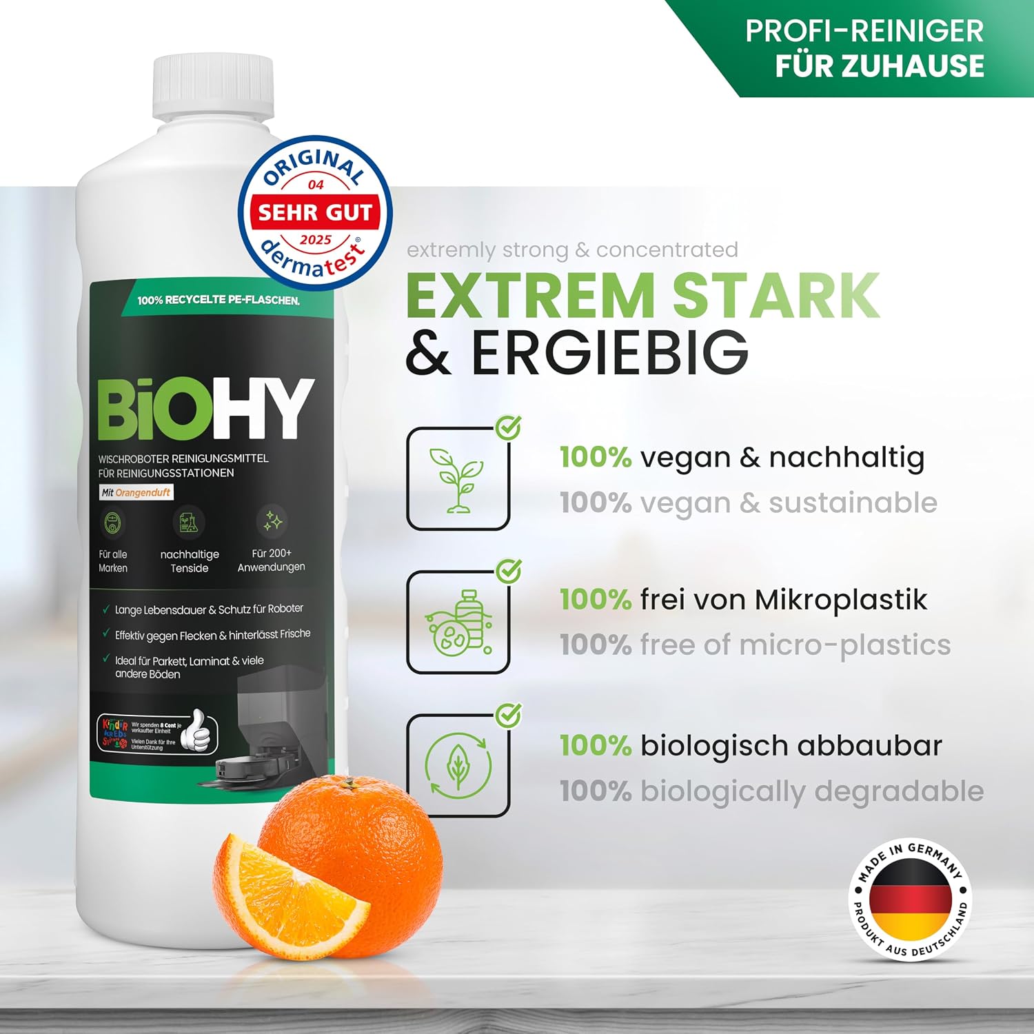 Detalle de BIOHY reinigingsmiddel voor robotstofzuigers, 1 l, sinaasappelgeur, laag schuimend