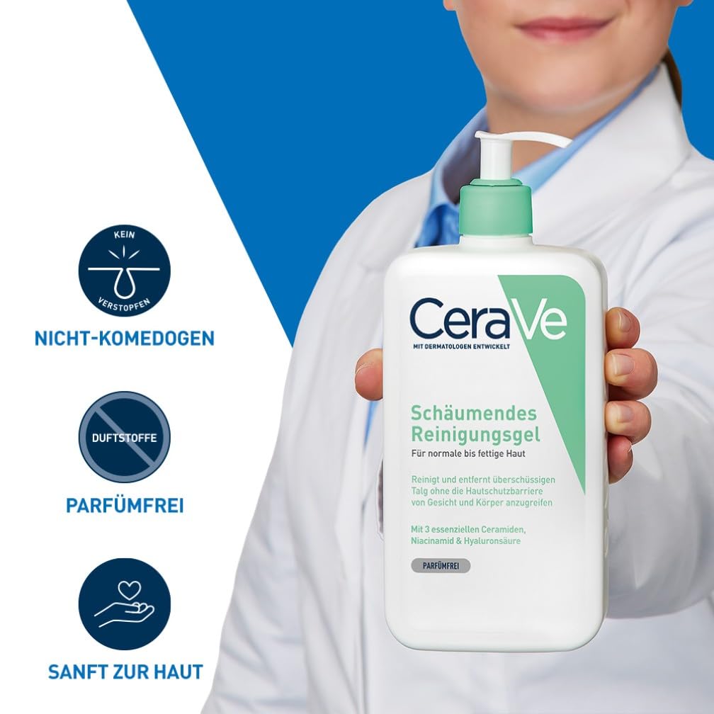 Detalle de CeraVe Schäumendes Reinigungsgel für Gesicht und Körper – Normale bis fettige Haut mit Hyaluron und 3 Ceramiden