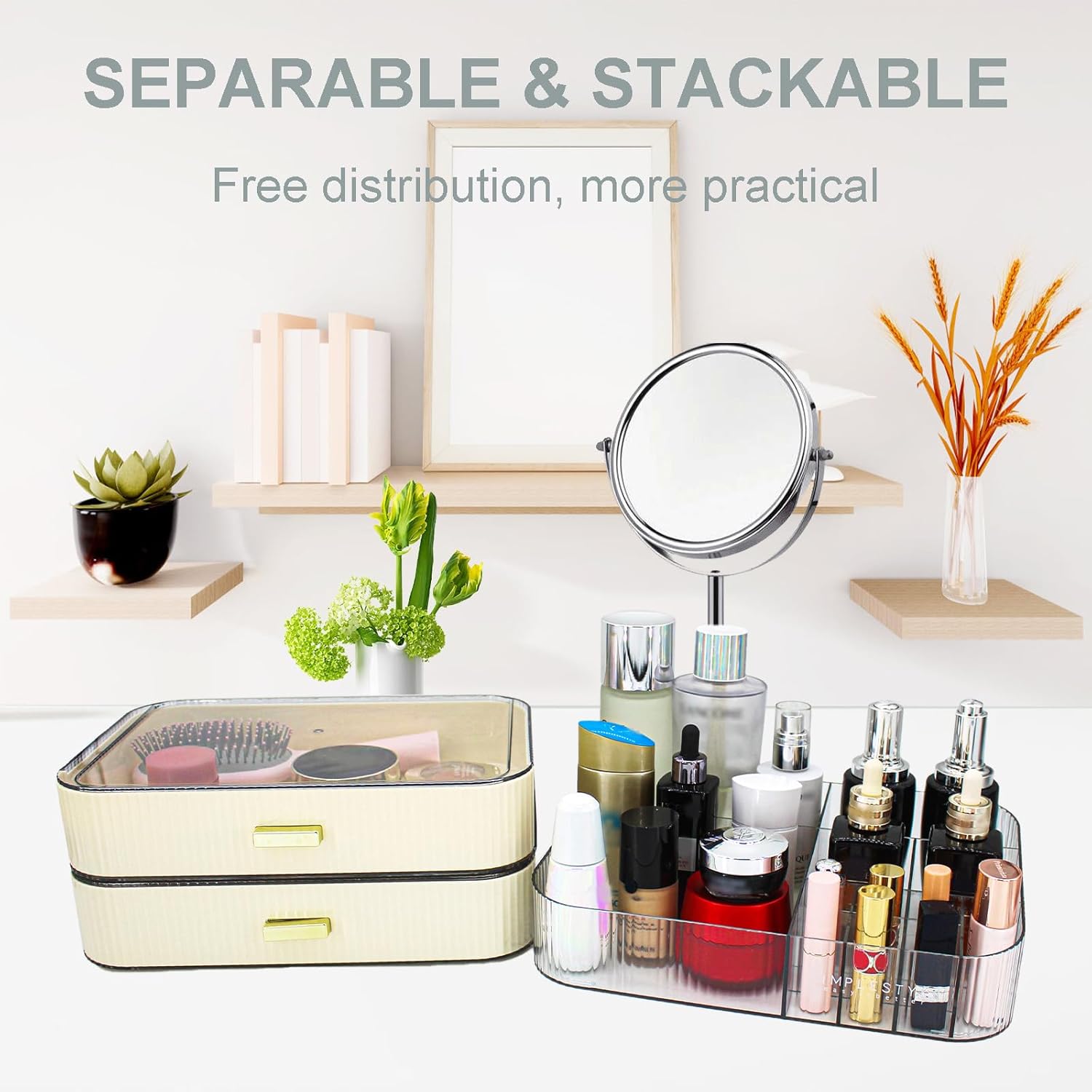 Detalle de Womanht Makeup Organizer with 2 Drawers – Large Capacity Cosmetic Storage for Vanity